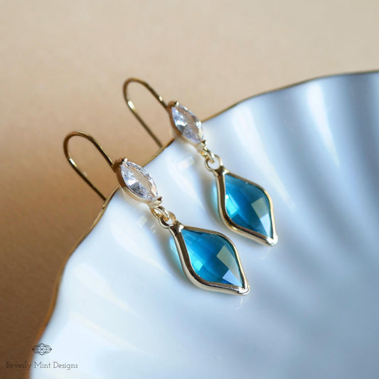 Blue Teardrop Crystal Earrings, Gold Marquise Dangle Earrings, Cubic Zirconia Handmade Jewelry, Gift for Mother, Something Blue Earrings