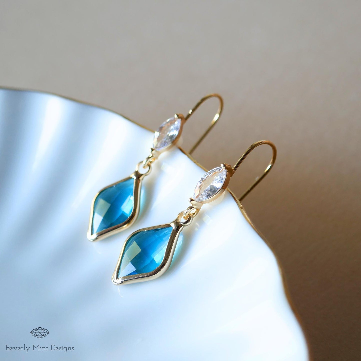 Blue Teardrop Crystal Earrings, Gold Marquise Dangle Earrings, Cubic Zirconia Handmade Jewelry, Gift for Mother, Something Blue Earrings