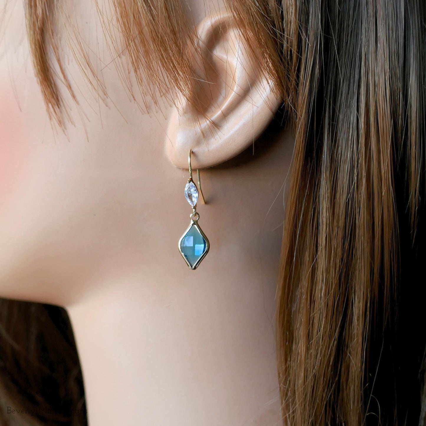 Blue Teardrop Crystal Earrings, Gold Marquise Dangle Earrings, Cubic Zirconia Handmade Jewelry, Gift for Mother, Something Blue Earrings