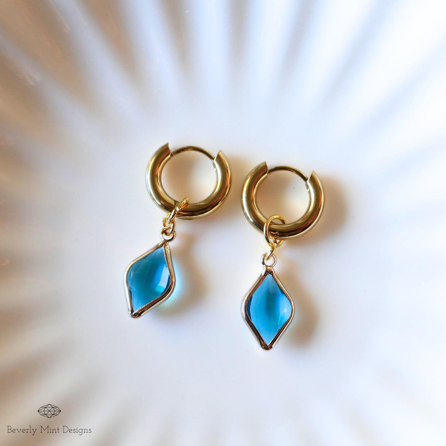 Gold Huggie Earrings with Blue Crystal Charm , Minimalist Drop Earrings ,Blue Stone Earrings for Women , Handmade Gift Jewelry, Gift For Mom