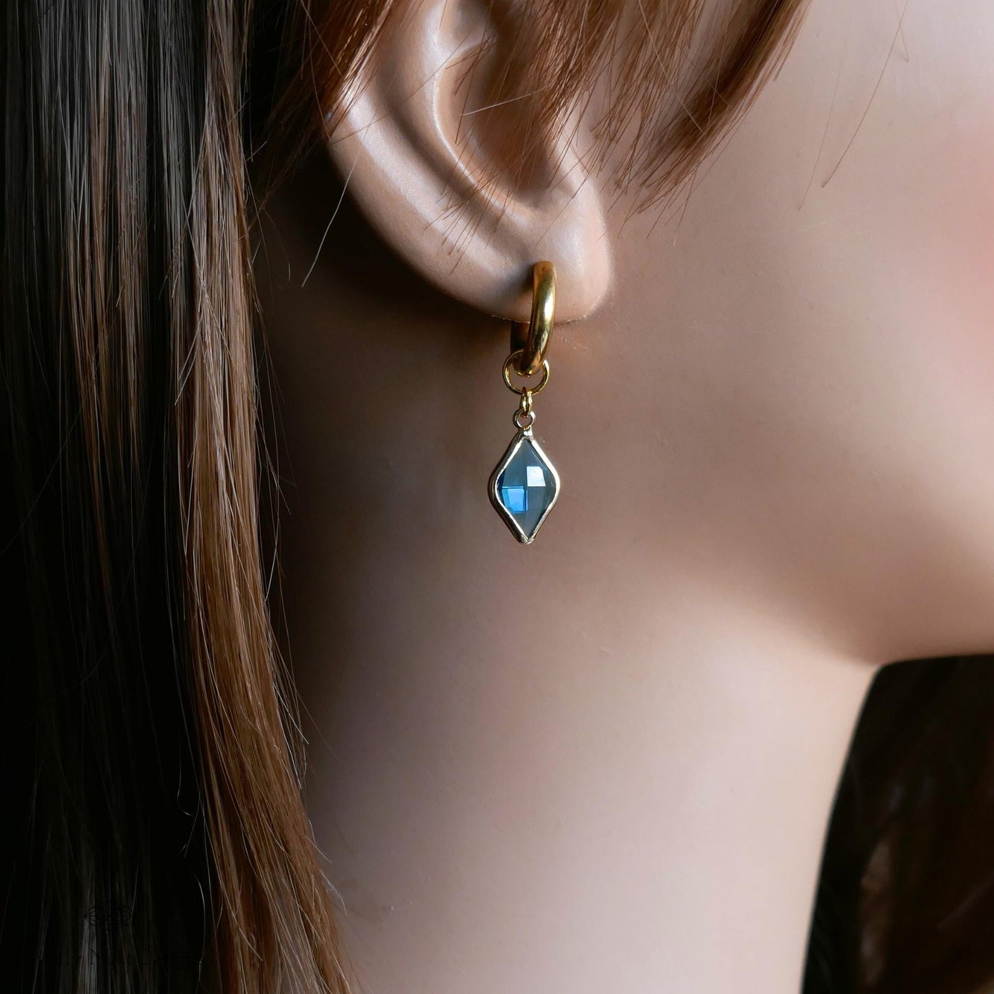 Gold Huggie Earrings with Blue Crystal Charm , Minimalist Drop Earrings ,Blue Stone Earrings for Women , Handmade Gift Jewelry, Gift For Mom