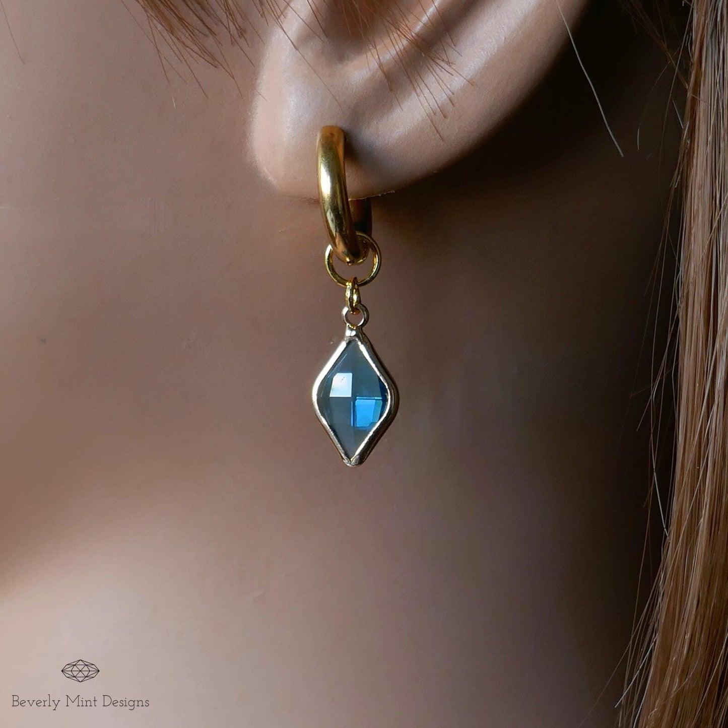 Gold Huggie Earrings with Blue Crystal Charm , Minimalist Drop Earrings ,Blue Stone Earrings for Women , Handmade Gift Jewelry, Gift For Mom