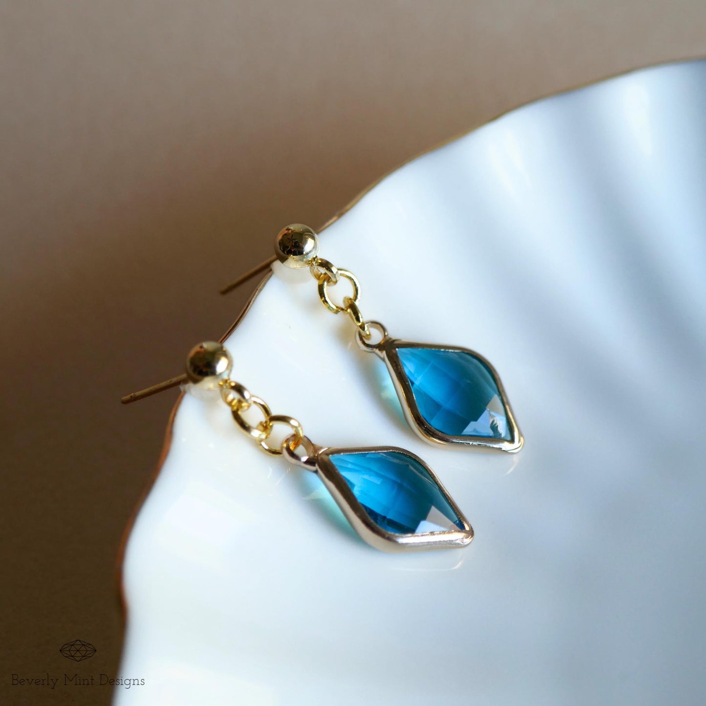 Blue Crystal Stud Earrings , Gold Minimalist Dangle Earrings , Small Drop Earrings for Women ,Something Blue Earrings, Handmade Jewelry Gift