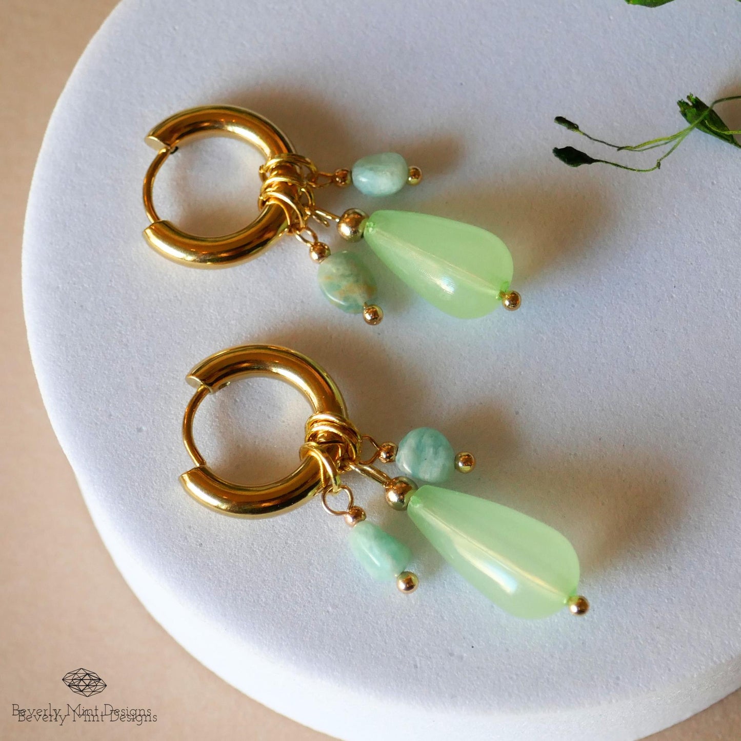 18K Gold Hoop Earrings with Green Gemstone Drops, Handmade Dangle Earrings, Modern Minimalist Jewelry, Light Green Earrings , Gift for Her