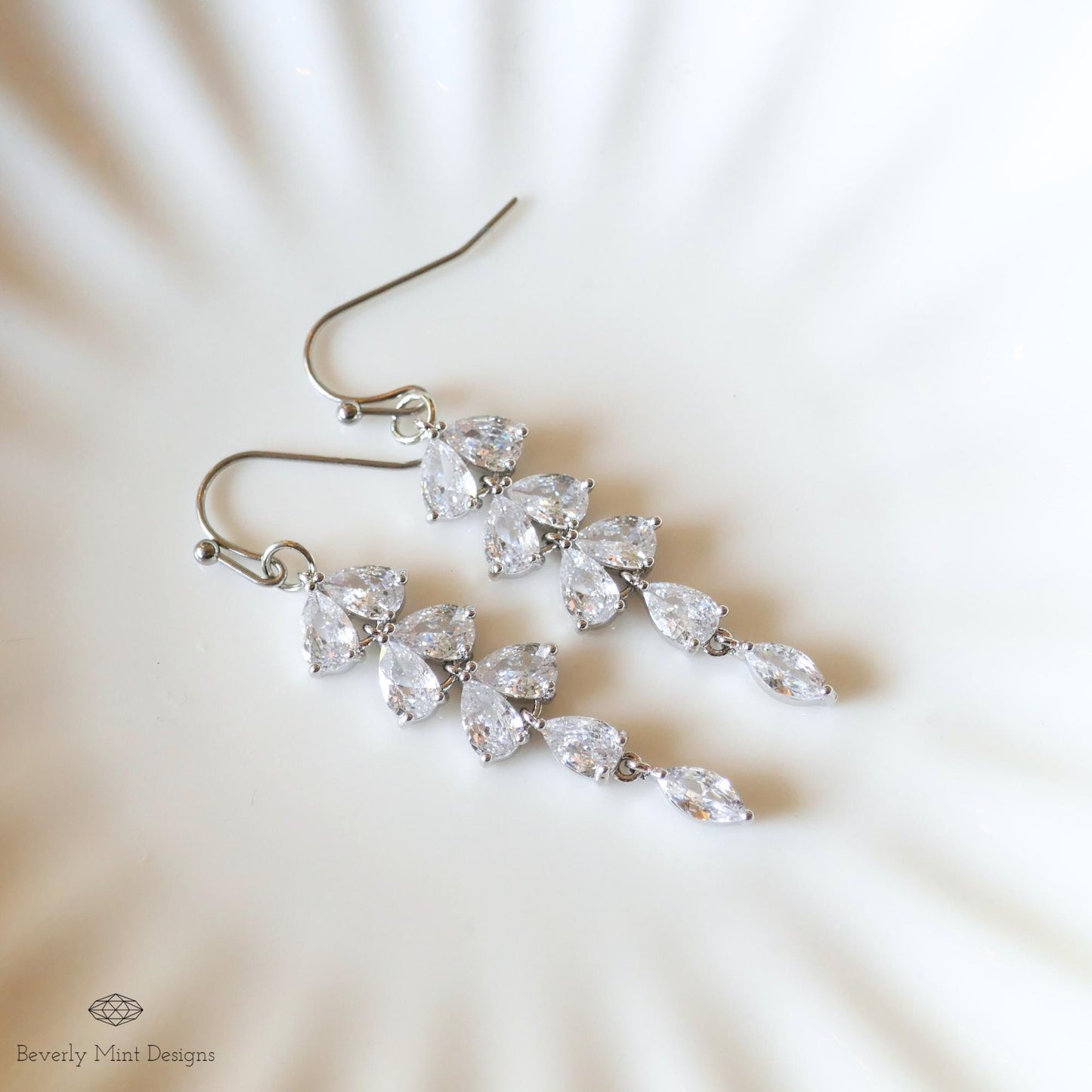 Silver Leaf Crystal Dangle Earrings, Bridal Statement Jewelry, Long Drop Sparkling Earrings, Elegant Wedding Earrings, Gift For Her