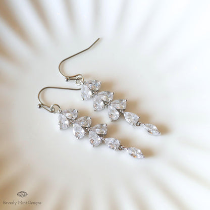 Silver Leaf Crystal Dangle Earrings, Bridal Statement Jewelry, Long Drop Sparkling Earrings, Elegant Wedding Earrings, Gift For Her
