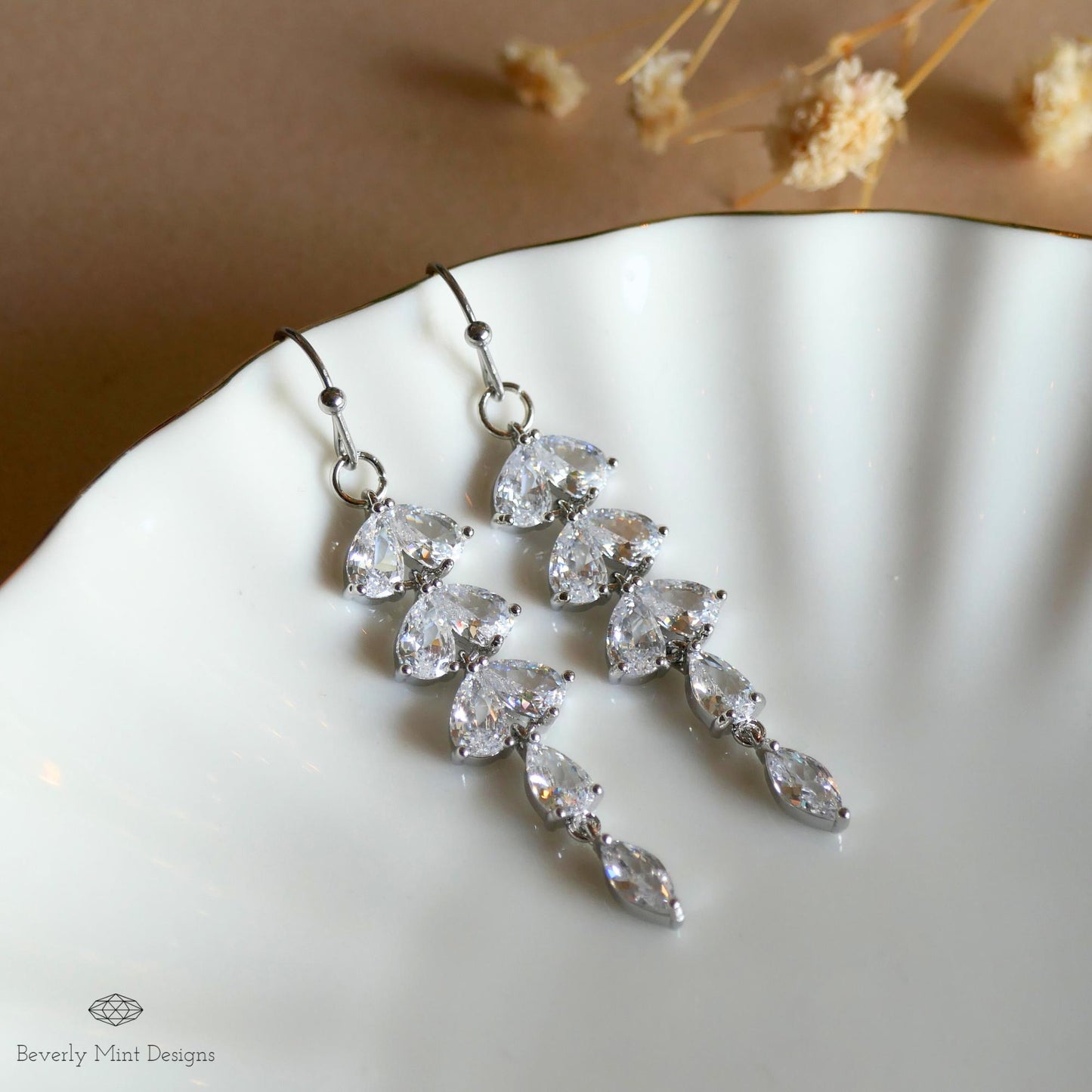 Silver Leaf Crystal Dangle Earrings, Bridal Statement Jewelry, Long Drop Sparkling Earrings, Elegant Wedding Earrings, Gift For Her