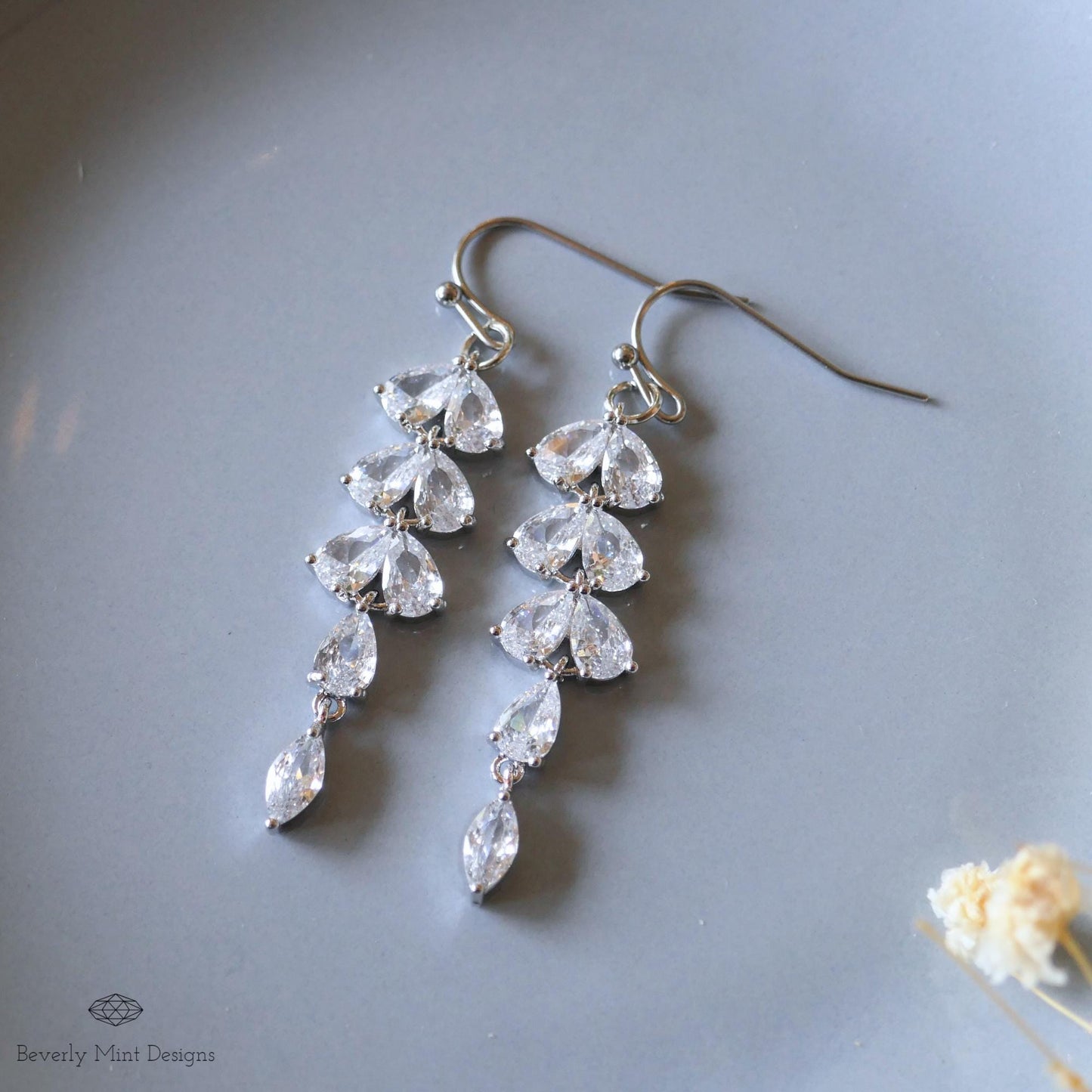 Silver Leaf Crystal Dangle Earrings, Bridal Statement Jewelry, Long Drop Sparkling Earrings, Elegant Wedding Earrings, Gift For Her