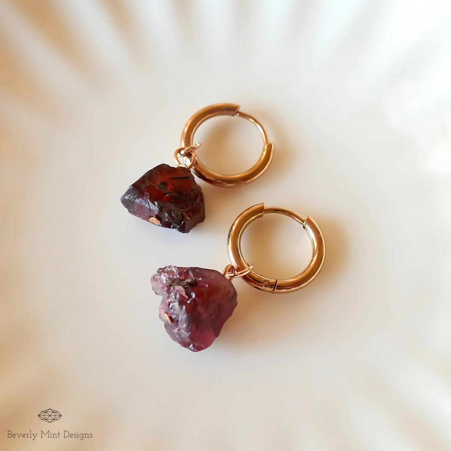Red Raw Stone Earrings, Rose Gold Huggie Hoop Earrings with January Birthstone, Raw Garnet Stone Earrings , Red Earrings , Chakra Stone Gift