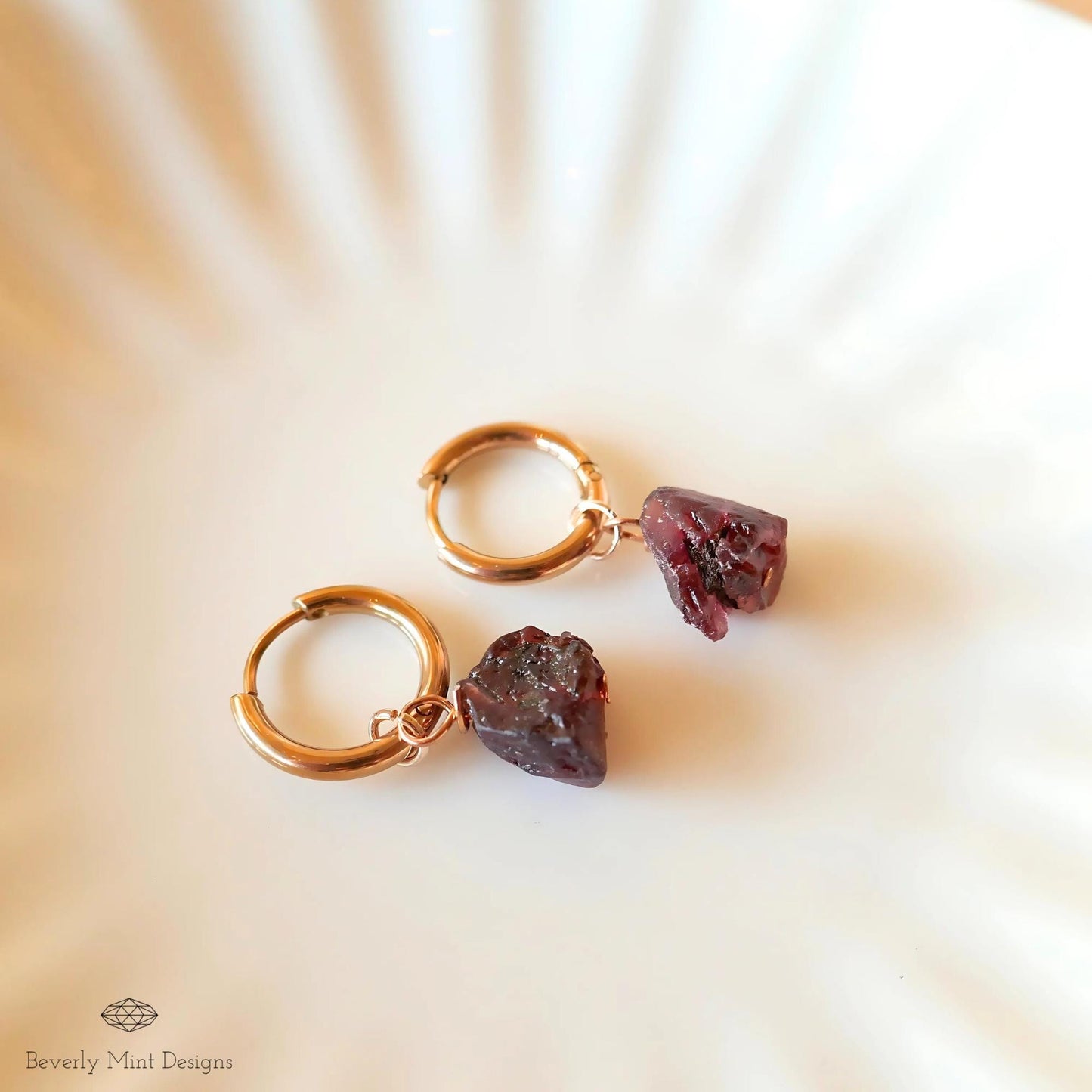 Red Raw Stone Earrings, Rose Gold Huggie Hoop Earrings with January Birthstone, Raw Garnet Stone Earrings , Red Earrings , Chakra Stone Gift