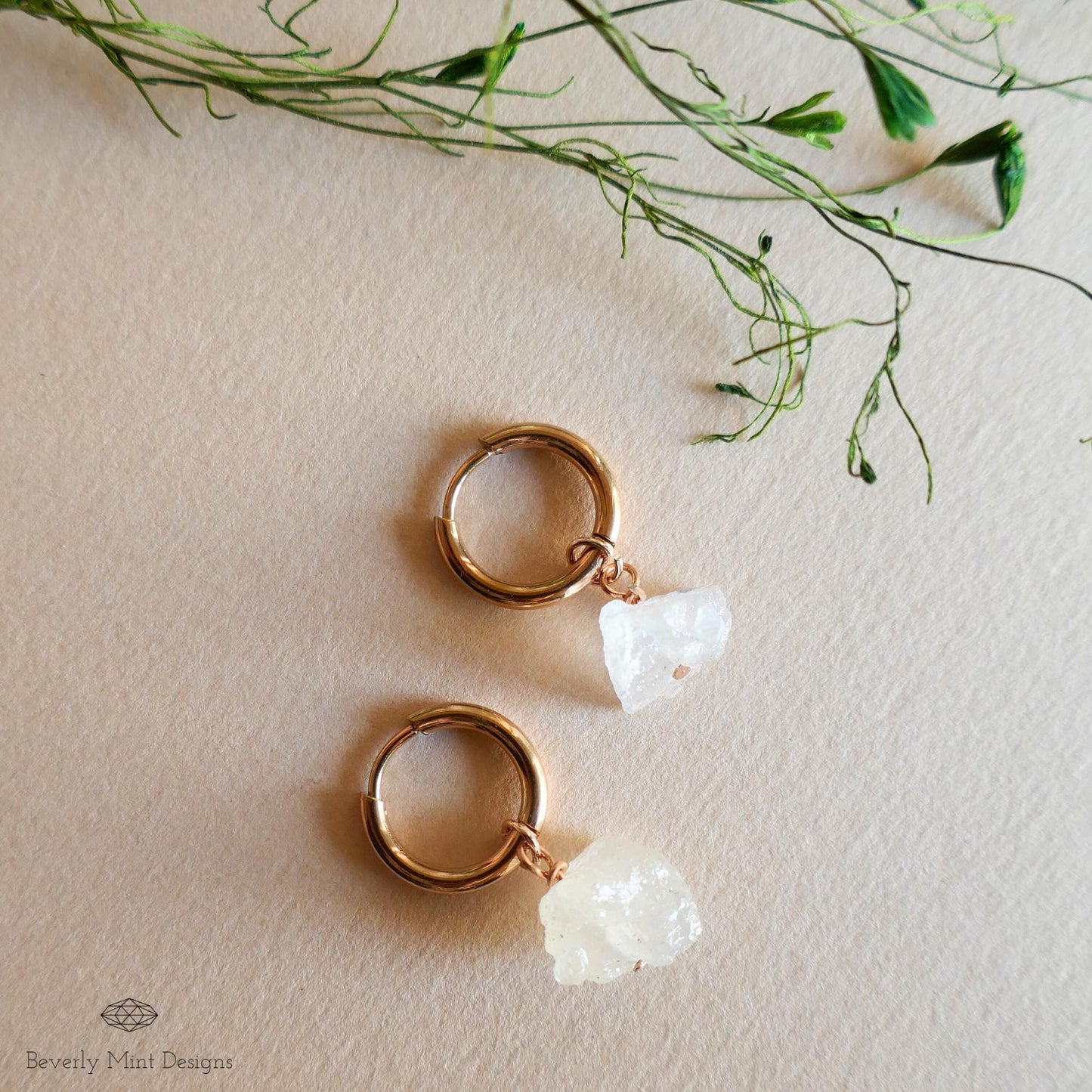 Moonstone Earrings, Rose Gold Huggie Hoop Earrings with June Birthstone, Natural Stone Earrings , Raw Stone, Gift for Her, Gift For Her