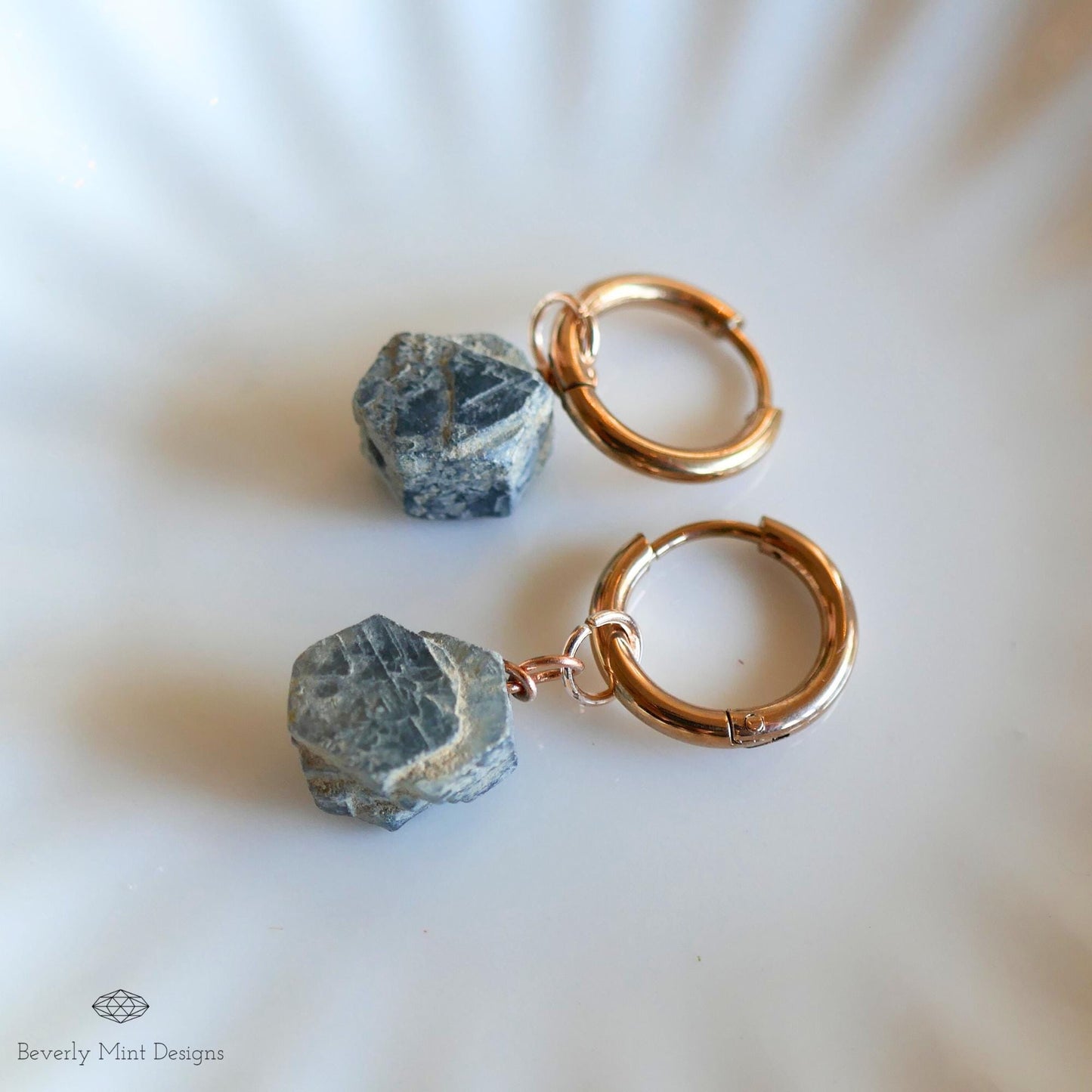 Sapphire Earrings, Rose Gold Huggie Hoop Earrings with September Birthstone, Natural Stone Earrings , Raw Stone, Gift for Her