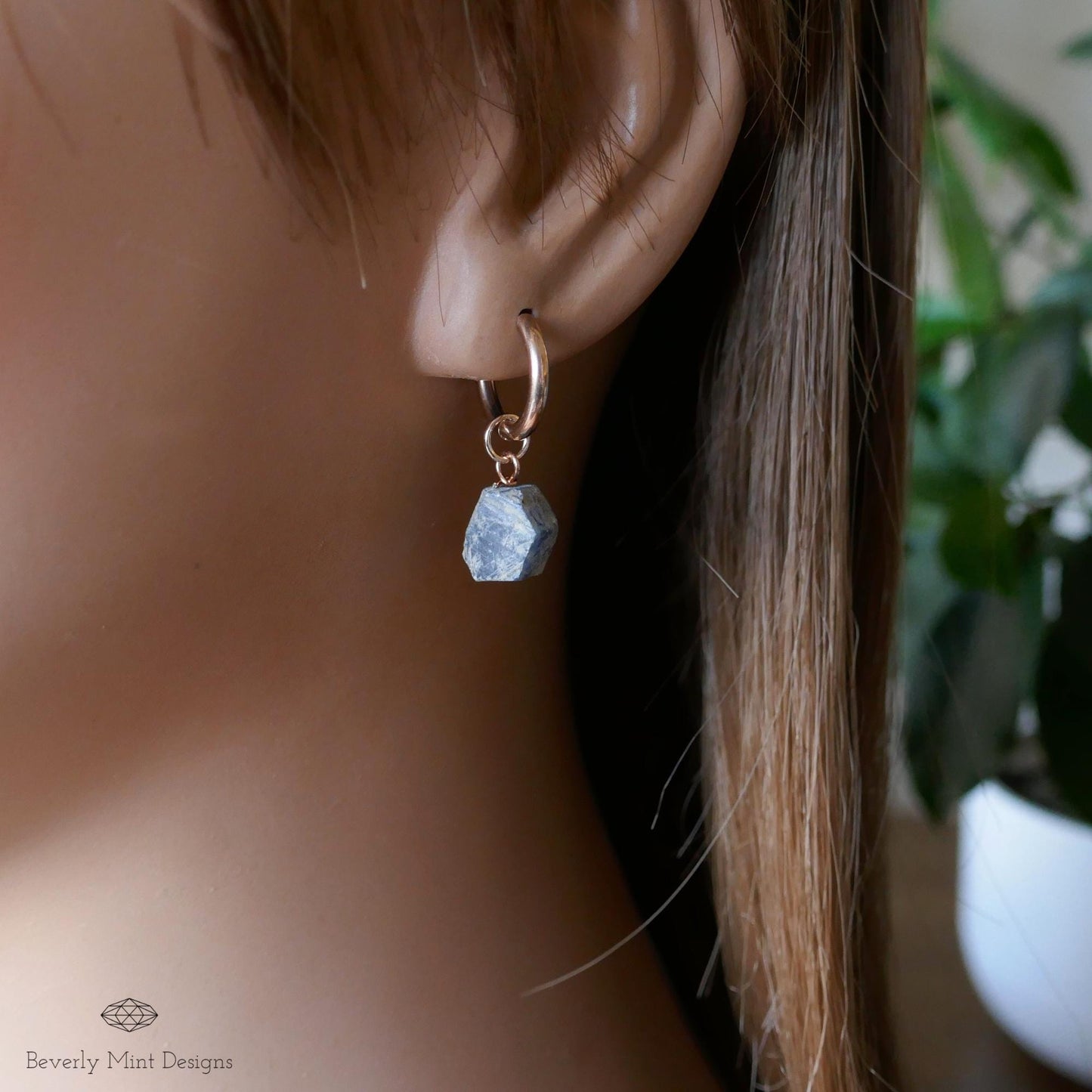 Sapphire Earrings, Rose Gold Huggie Hoop Earrings with September Birthstone, Natural Stone Earrings , Raw Stone, Gift for Her