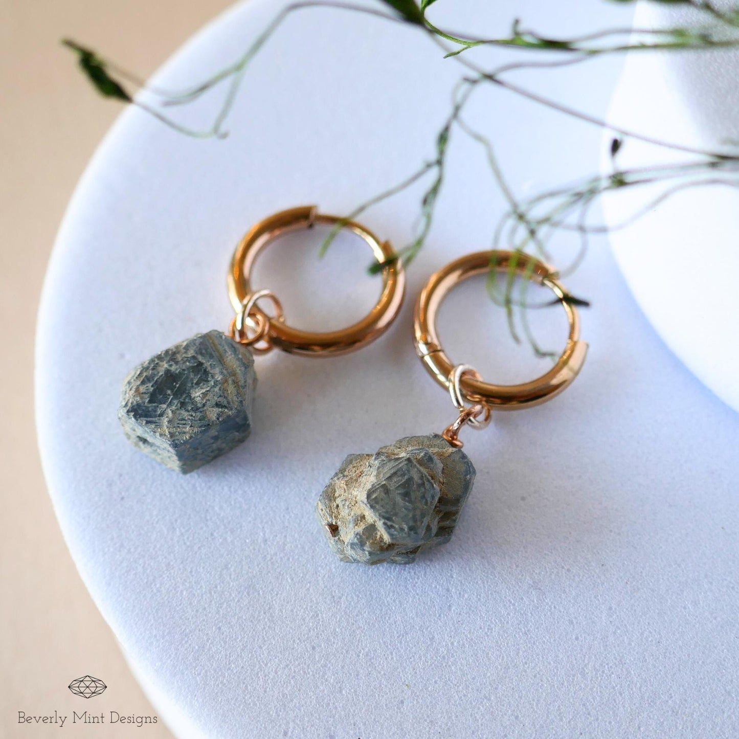 Sapphire Earrings, Rose Gold Huggie Hoop Earrings with September Birthstone, Natural Stone Earrings , Raw Stone, Gift for Her