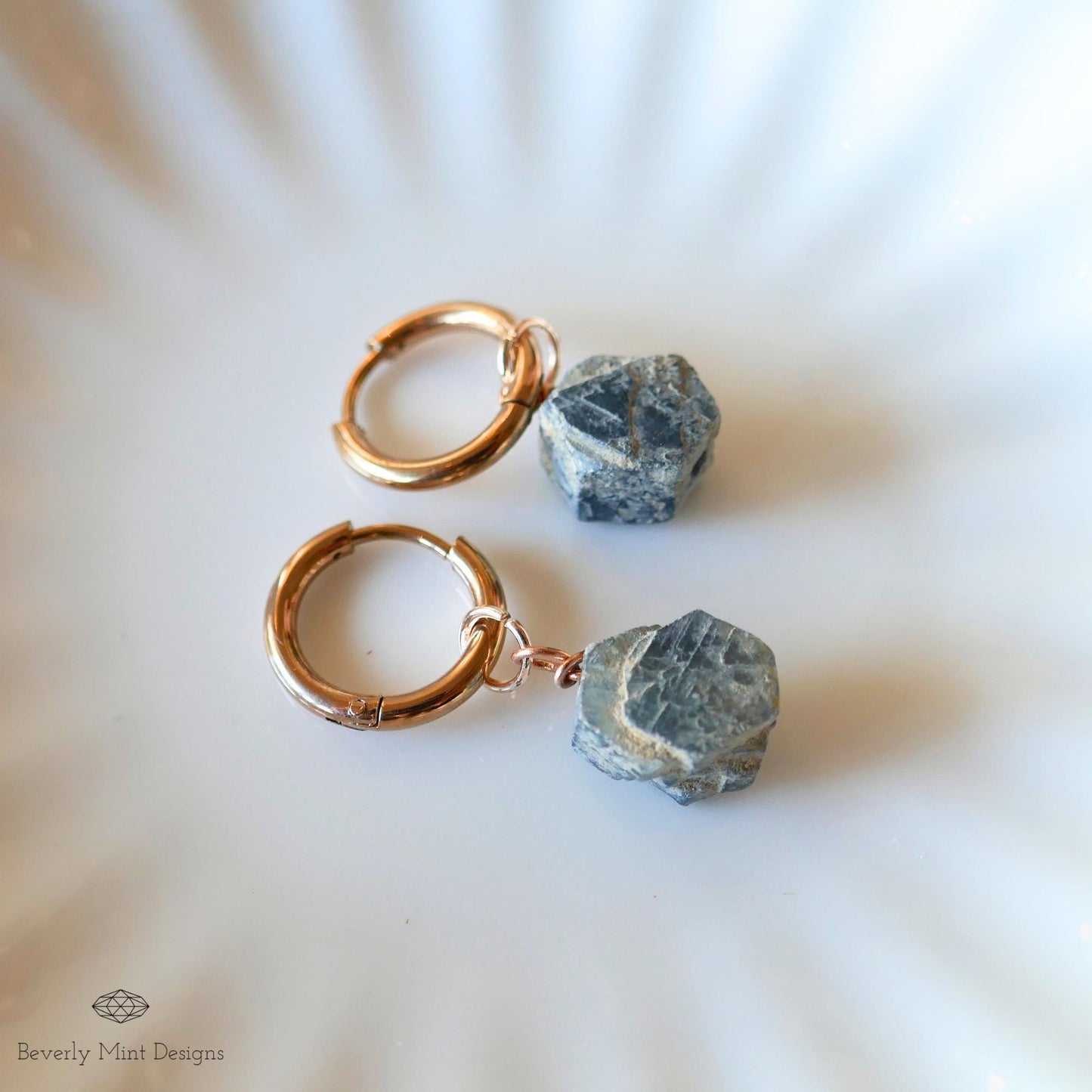 Sapphire Earrings, Rose Gold Huggie Hoop Earrings with September Birthstone, Natural Stone Earrings , Raw Stone, Gift for Her