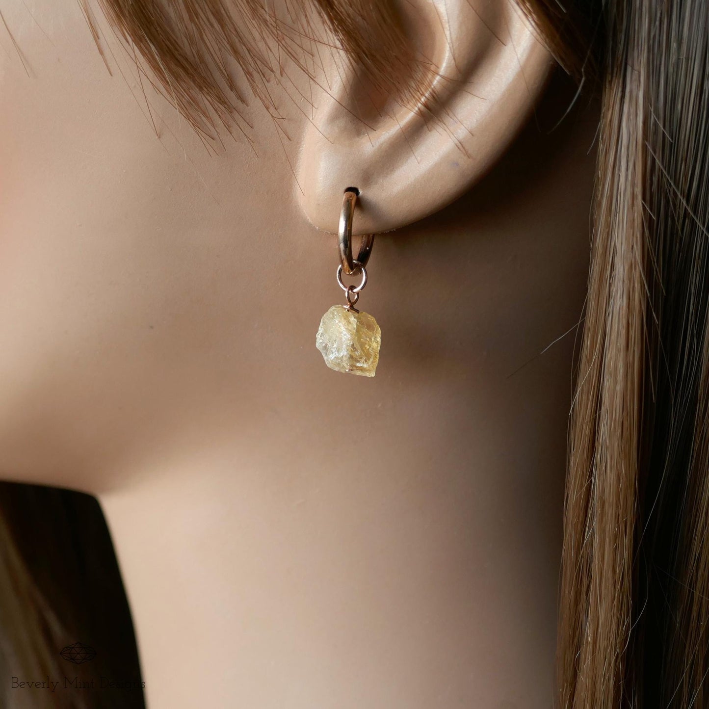 Citrine Earrings, Rose Gold Huggie Hoop Earrings with November Birthstone, Natural Stone Earrings , Chakra Stone, Gift for Her