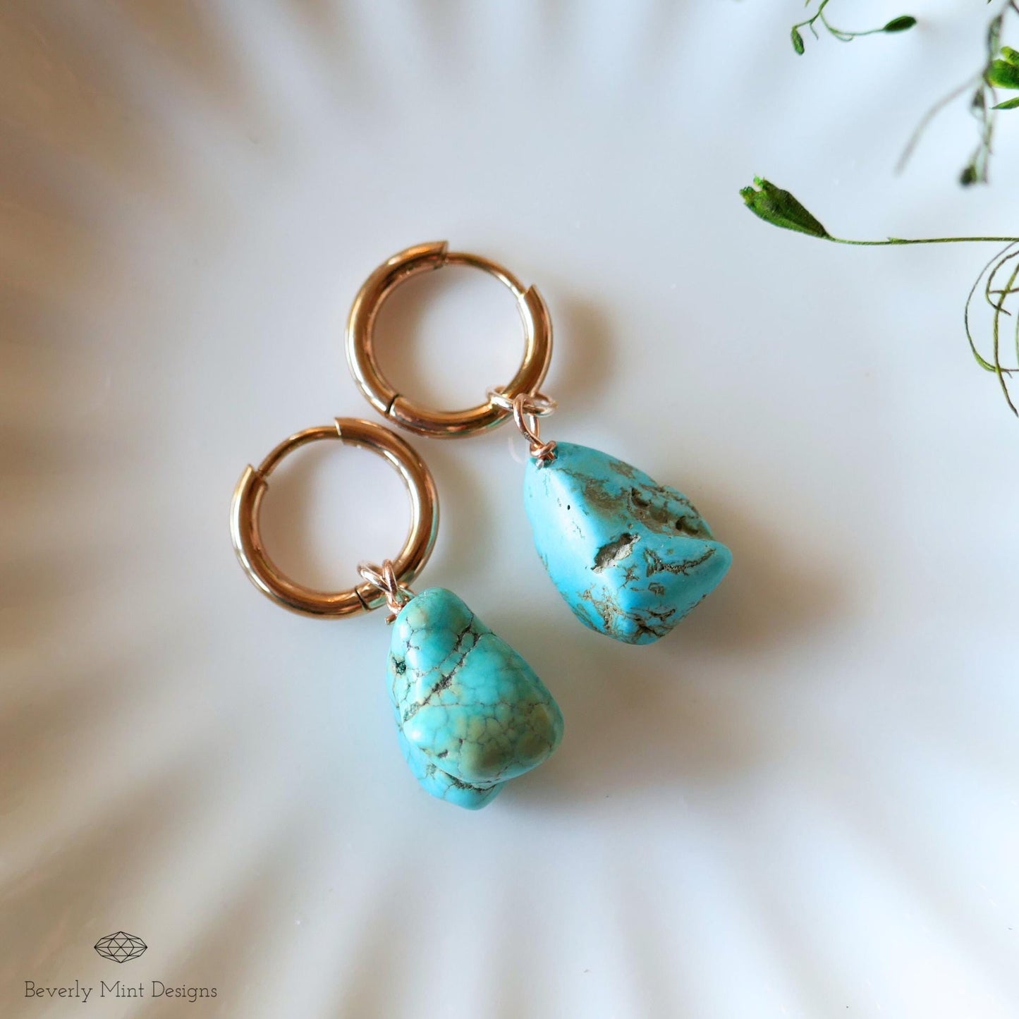 Turquoise Earrings, Rose Gold Huggie Hoop Earrings with December Birthstone, Natural Stone Earrings, Blue Stone, Earrings, Gift for Mother