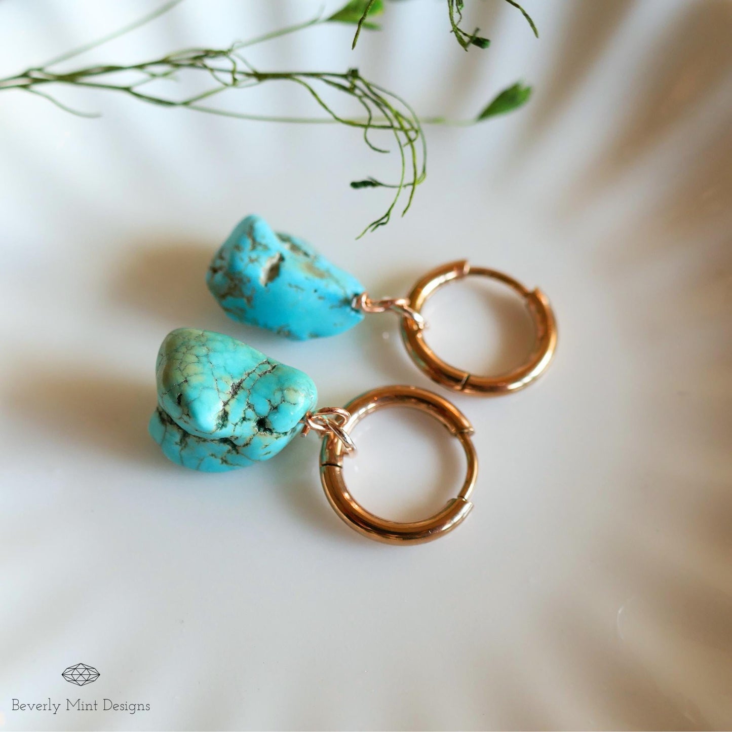 Turquoise Earrings, Rose Gold Huggie Hoop Earrings with December Birthstone, Natural Stone Earrings, Blue Stone, Earrings, Gift for Mother
