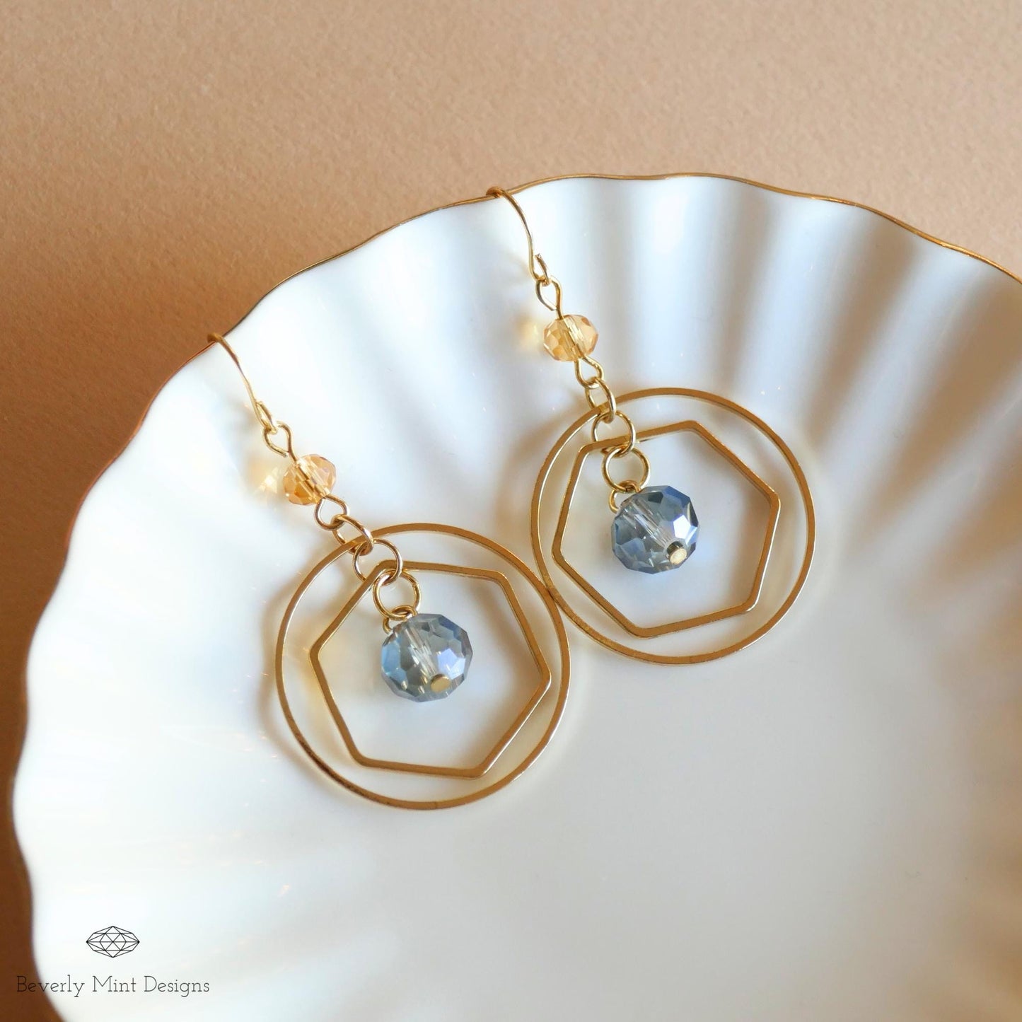 Gold Geometric Dangle Earrings with Blue Beads , Lightweight Dangle Earrings for Gifts, Unique Gift, Gift For Her