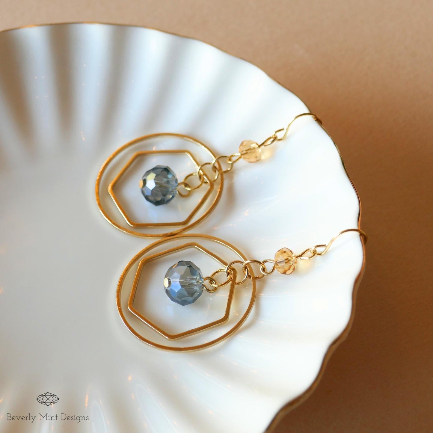 Gold Geometric Dangle Earrings with Blue Beads , Lightweight Dangle Earrings for Gifts, Unique Gift, Gift For Her