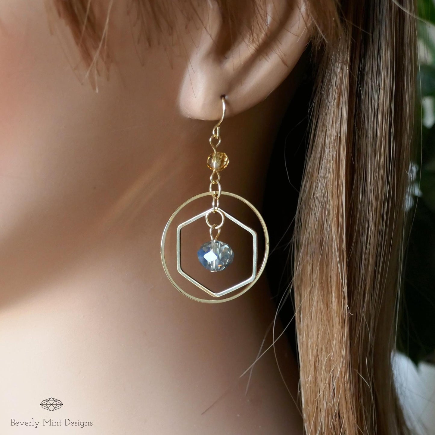Gold Geometric Dangle Earrings with Blue Beads , Lightweight Dangle Earrings for Gifts, Unique Gift, Gift For Her