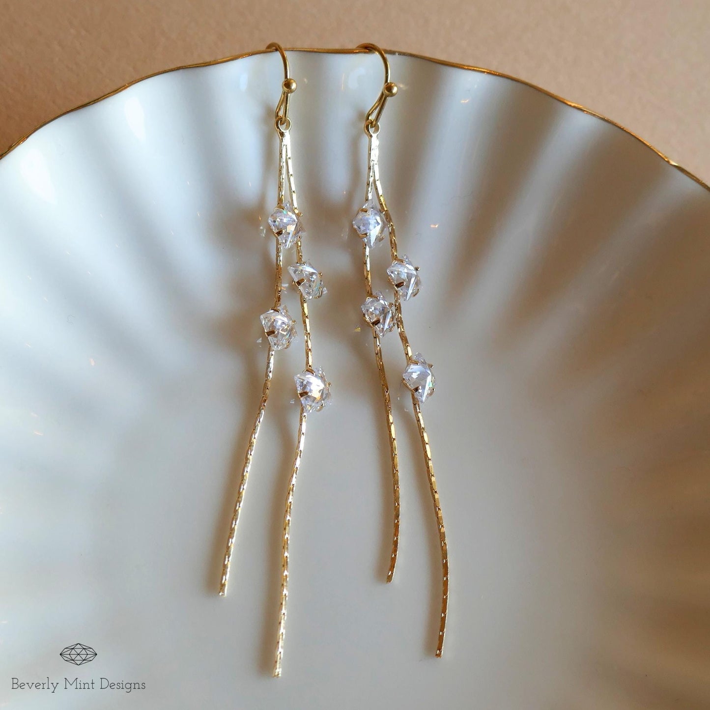 Gold Crystal Long Earrings, Long Dangle Earrings for Women, Minimalist, Elegant Drop Earrings, Wedding Jewelry, Bridesmaids Gift