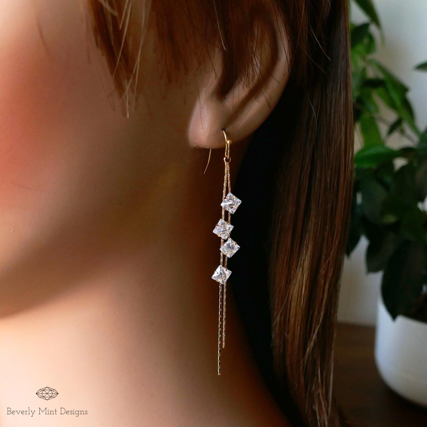 Gold Crystal Long Earrings, Long Dangle Earrings for Women, Minimalist, Elegant Drop Earrings, Wedding Jewelry, Bridesmaids Gift