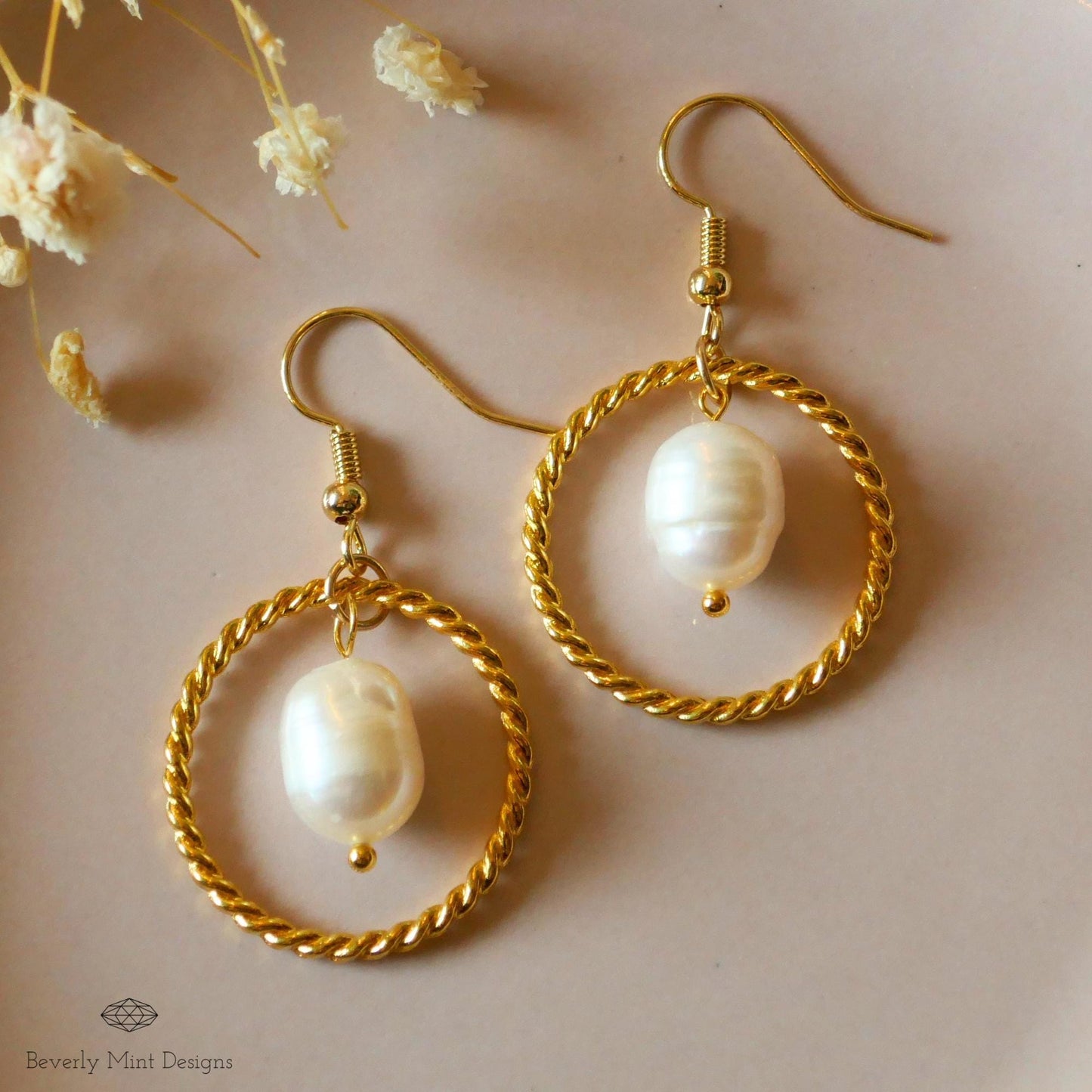 Baroque Pearl and Twisted Gold Hoop Earrings , Elegant Dangle Pearl Earrings, Modern Statement Jewelry , Gift For Her , Wedding Gift Jewelry