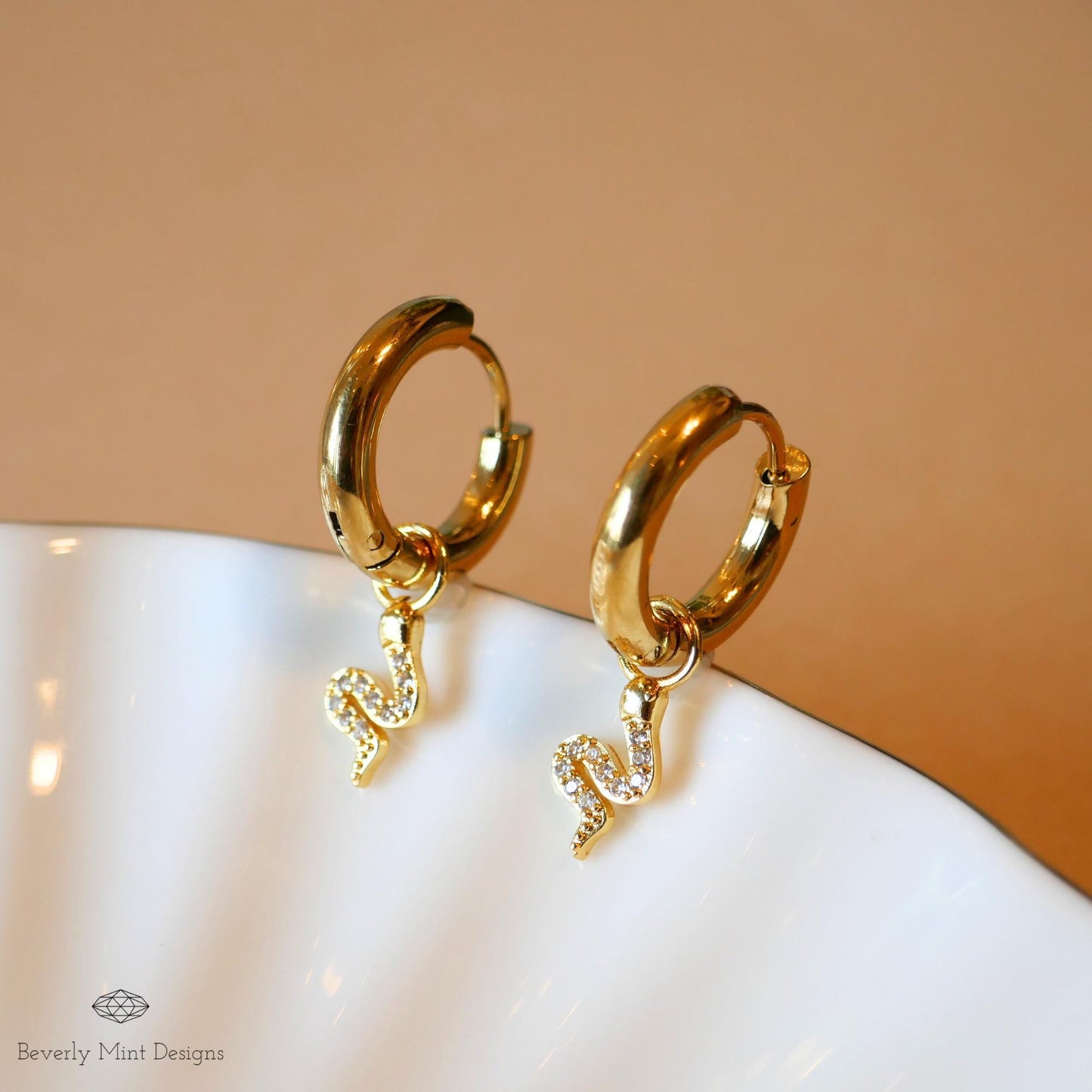 Gold Snake Hoop Earrings, Dainty Serpent Jewelry, Minimalist Dangle Hoops for Women, Sparkly Cubic Zirconia Earrings, Trendy Animal Earrings