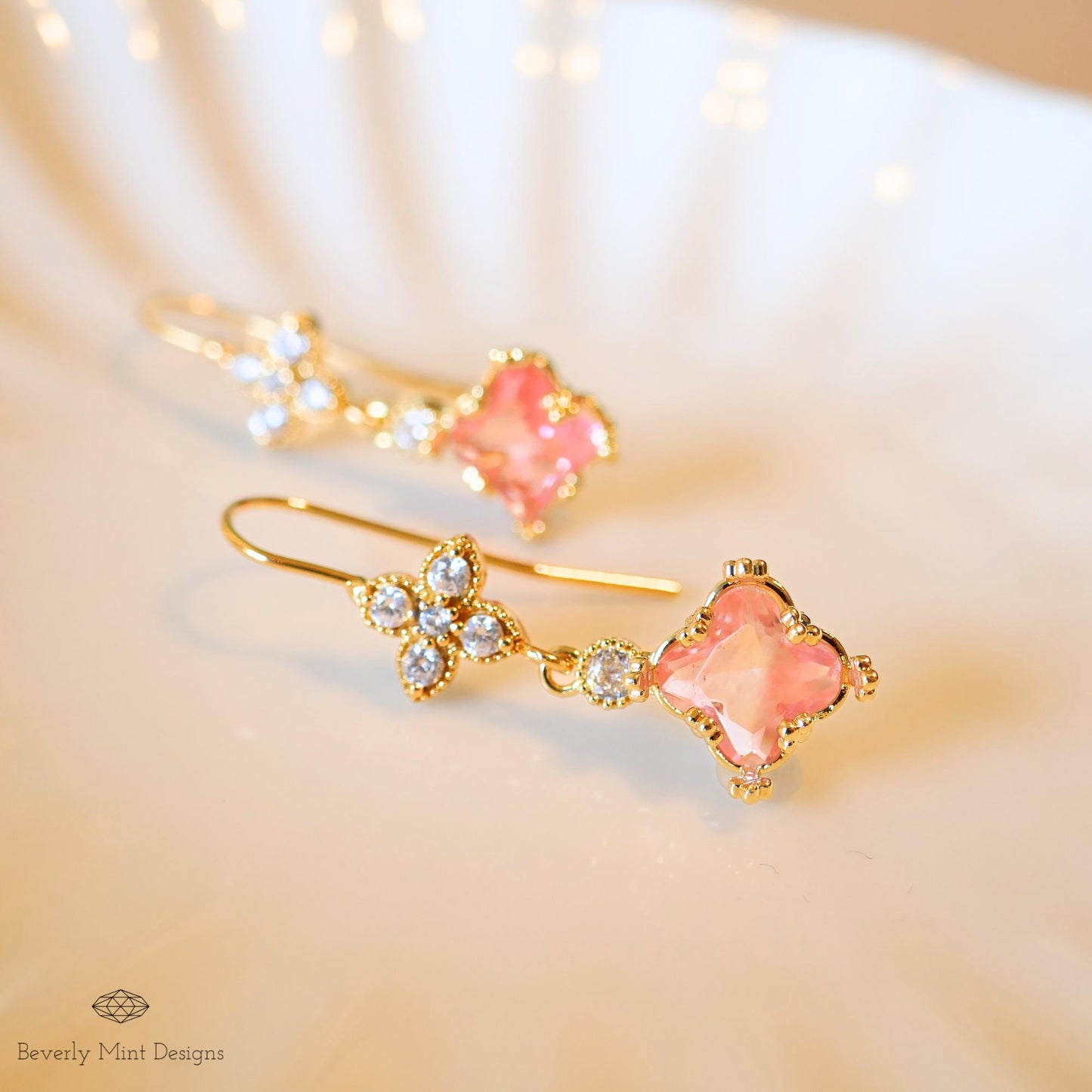 Soft Pink Small Charm Earrings, Blush Pink Earrings, Micro Pave Cubic Zirconia 18K Gold Dangle Earrings,Minimalist Jewelry, Bridesmaids Gift
