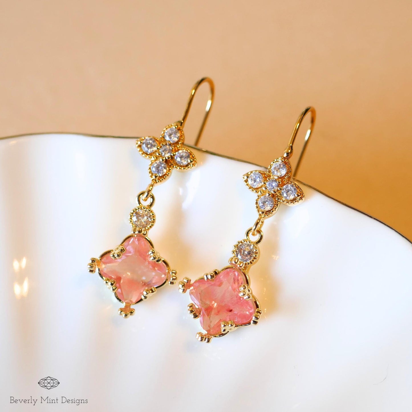 Soft Pink Small Charm Earrings, Blush Pink Earrings, Micro Pave Cubic Zirconia 18K Gold Dangle Earrings,Minimalist Jewelry, Bridesmaids Gift