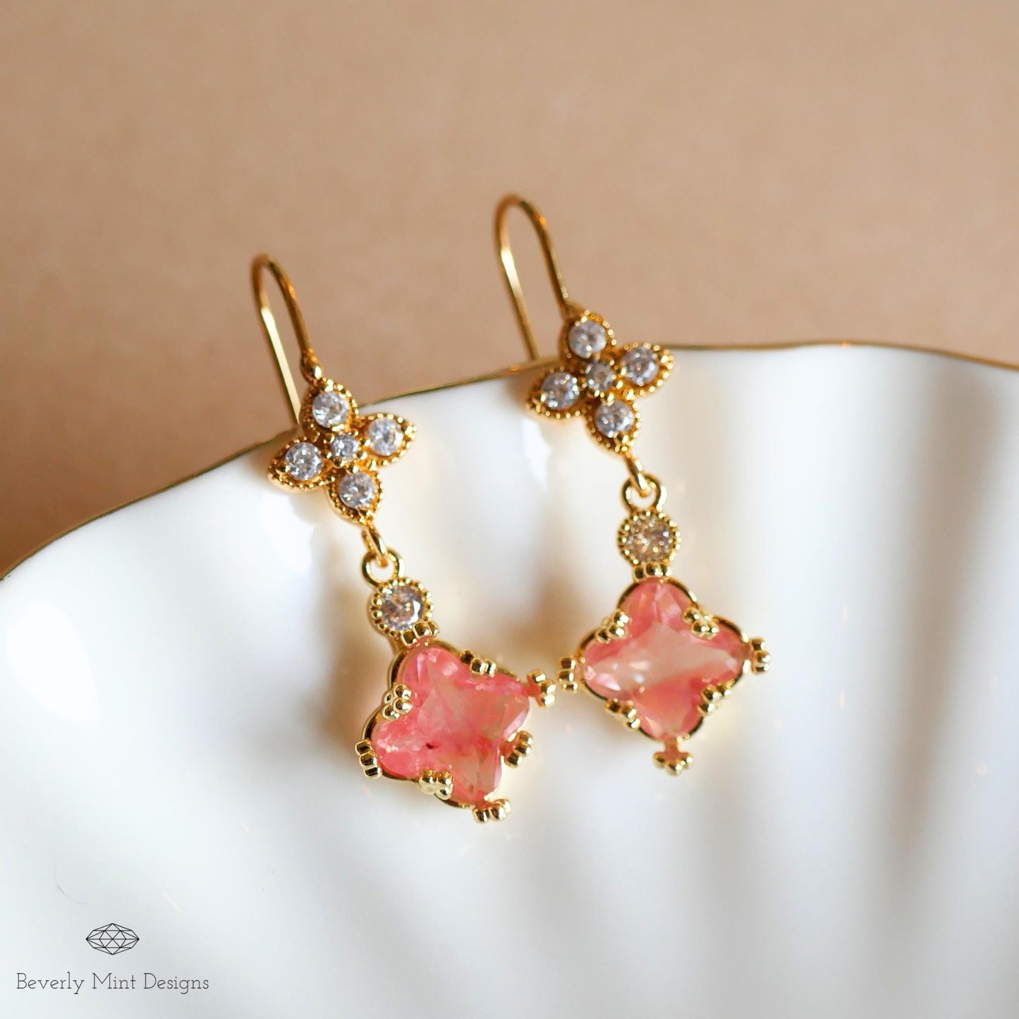 Soft Pink Small Charm Earrings, Blush Pink Earrings, Micro Pave Cubic Zirconia 18K Gold Dangle Earrings,Minimalist Jewelry, Bridesmaids Gift