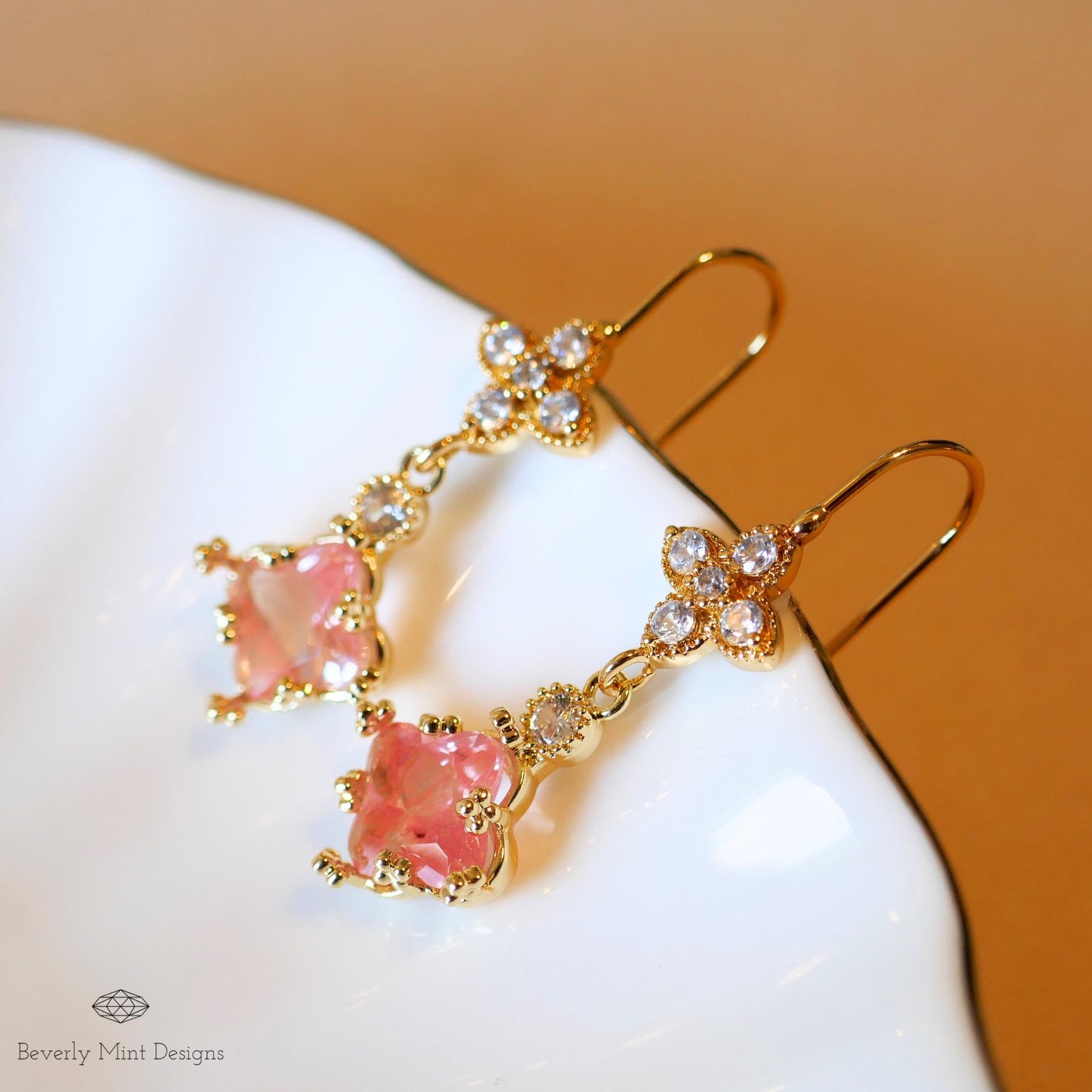 Soft Pink Small Charm Earrings, Blush Pink Earrings, Micro Pave Cubic Zirconia 18K Gold Dangle Earrings,Minimalist Jewelry, Bridesmaids Gift