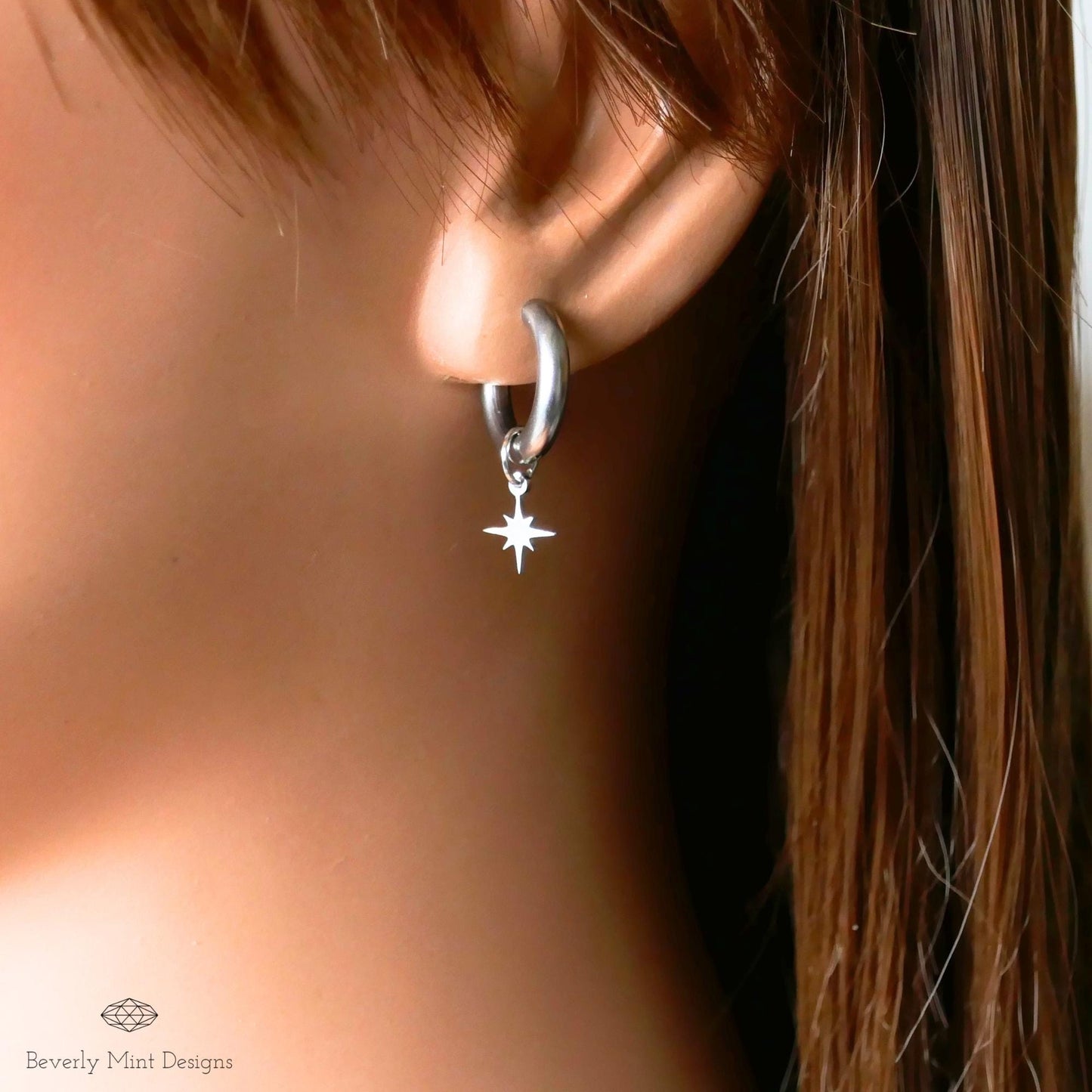 Starburst Stud Earrings, Silver Star Huggie Hoop Earrings, Minimalist Dangle Hoops for Women , Celestial Jewelry, Dainty Star Charm Earrings