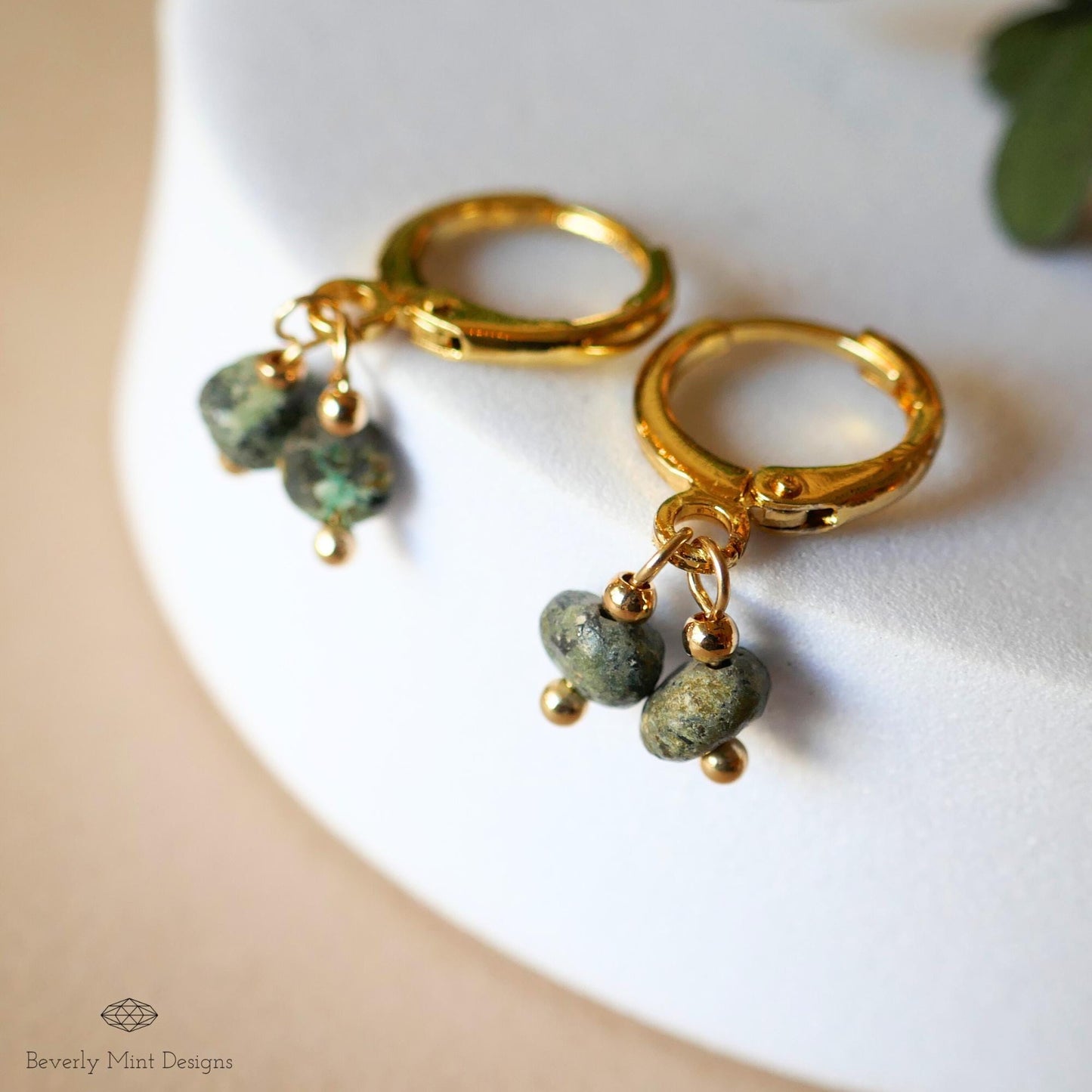 Gold Hoop Earrings with Turquoise,  Minimalist Handmade Jewelry, Birthstone for December, Dangle Hoops,  Earthy Minimalist Earrings for Her