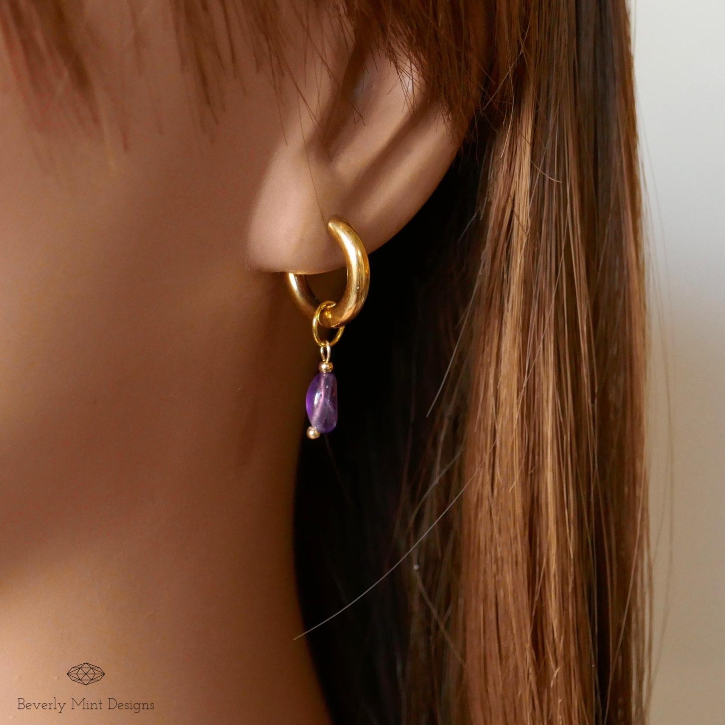 Gold Hoop Earrings with Amethyst , Minimalist Gold Huggie Earrings, February Birthstone Jewelry, Purple Earrings, Handmade Gift for Her