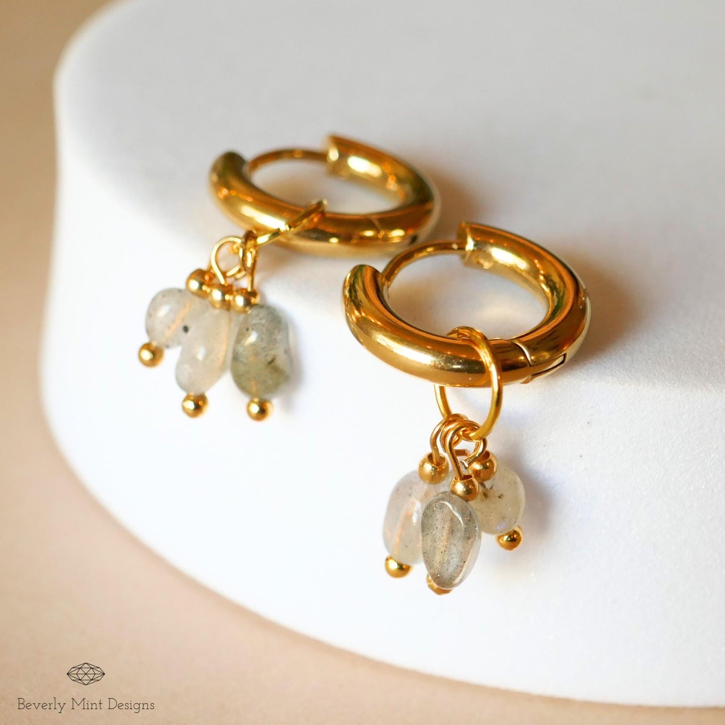 Gold Hoop Earrings with Natural Stone Charms , Gold Huggie Hoops, Minimalist Boho Jewelry Gift for Her, Handmade Dangle Earrings