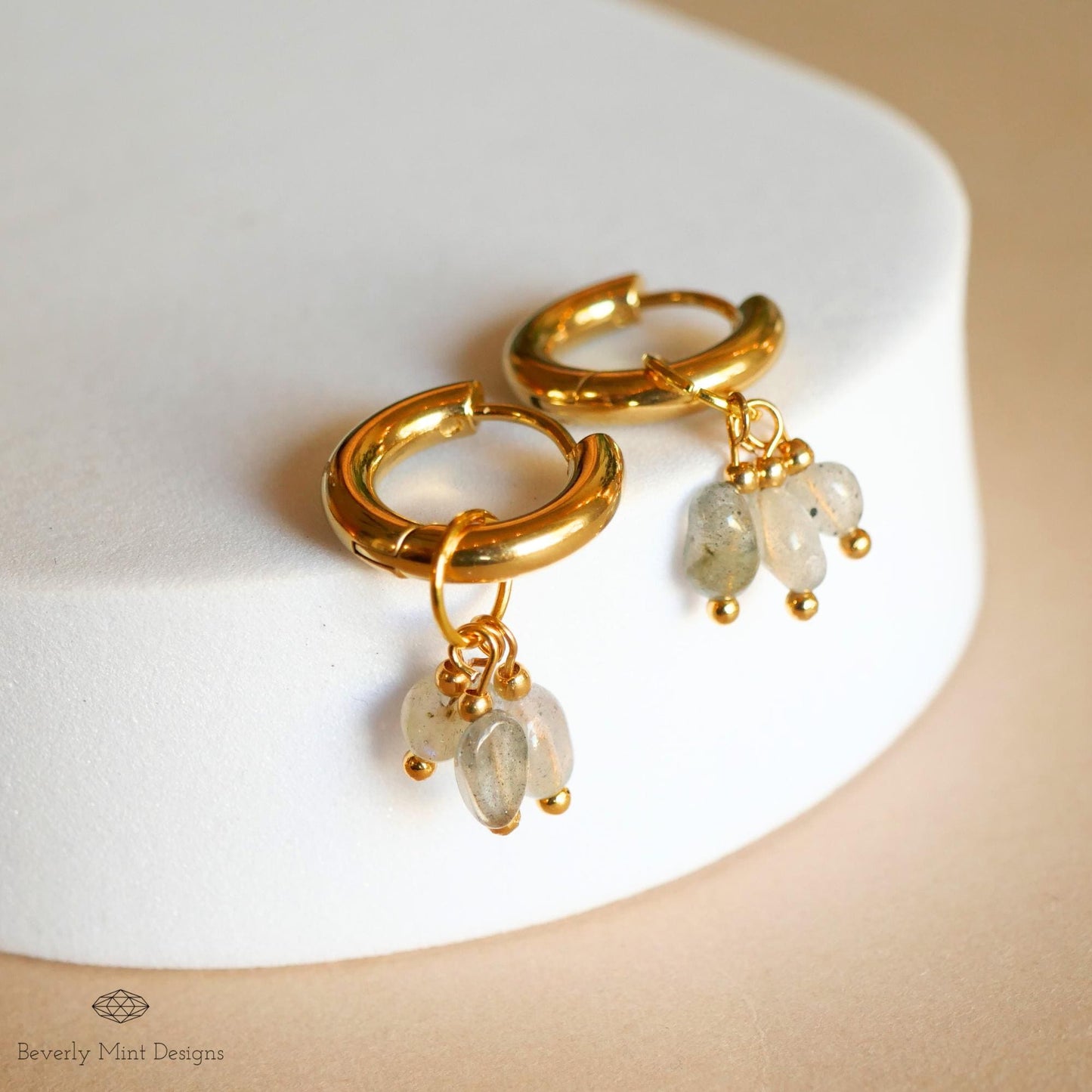 Gold Hoop Earrings with Natural Stone Charms , Gold Huggie Hoops, Minimalist Boho Jewelry Gift for Her, Handmade Dangle Earrings