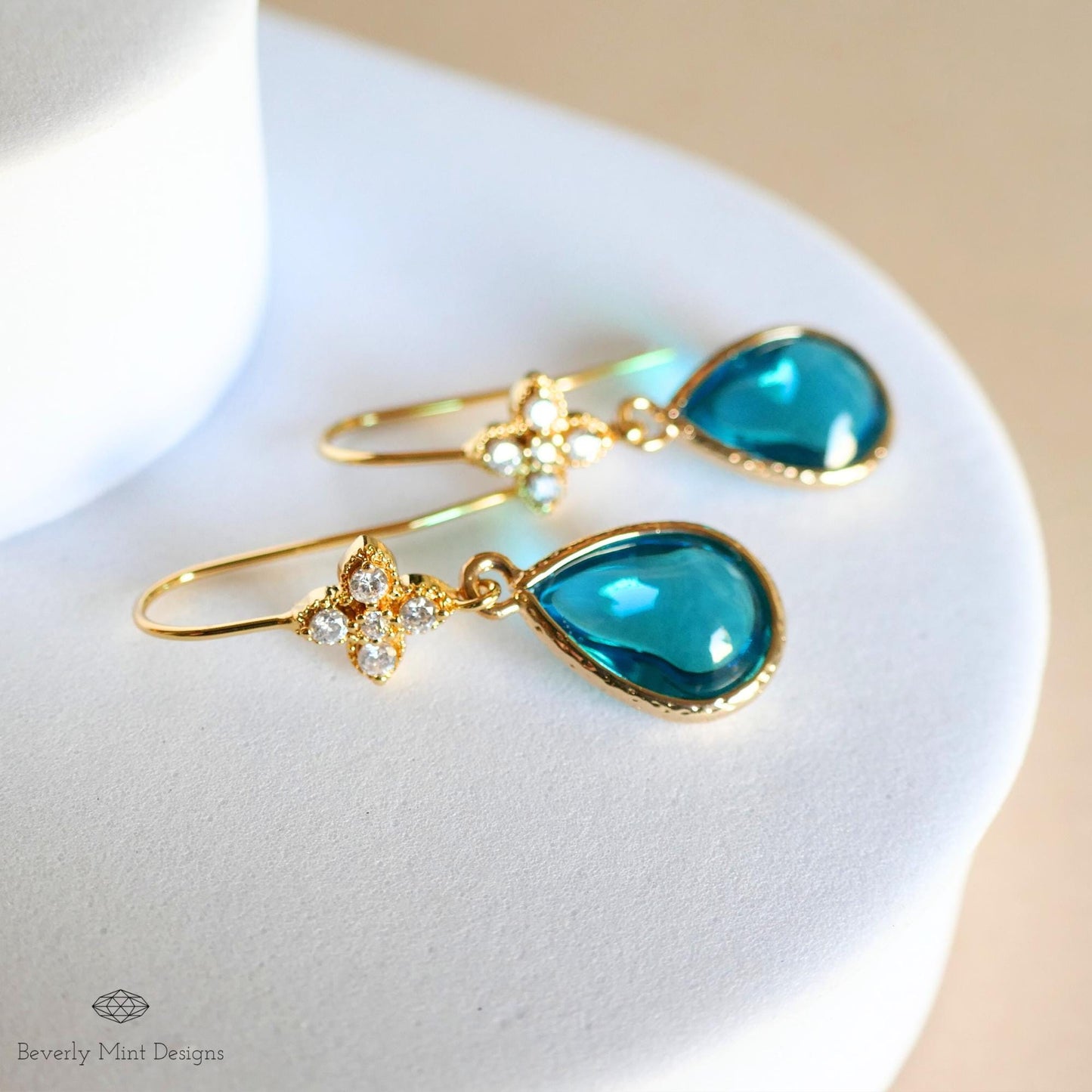 Deep Blue Teardrop Earrings, Blue Teardrop Earrings , Gold Bridal Dangle Earrings with Crystal Accents, Vintage-Inspired Blue Drop Earrings