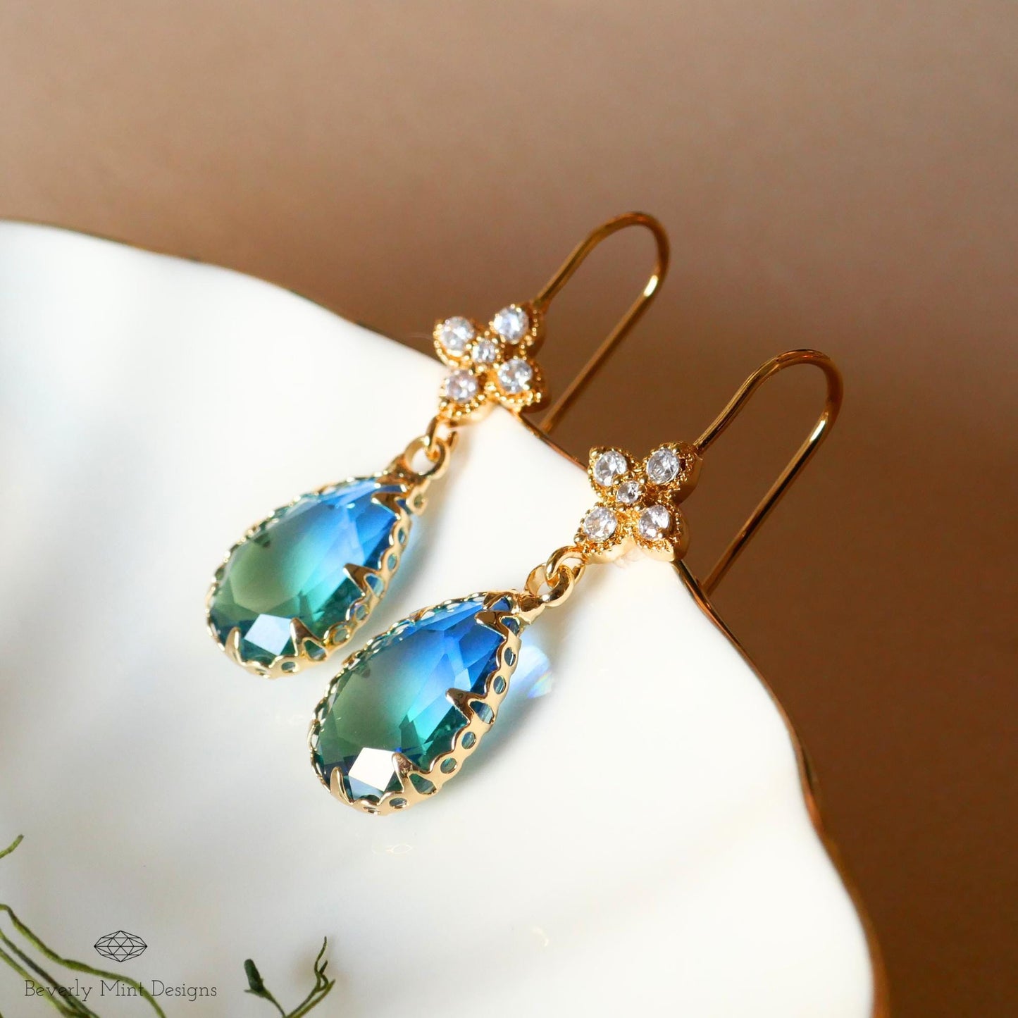 Blue and Green Teardrop Earrings, Blue Ombre Gemstone Drop Earrings, Elegant Teardrop Earrings, Handmade Gradient Crystal Drop Earrings