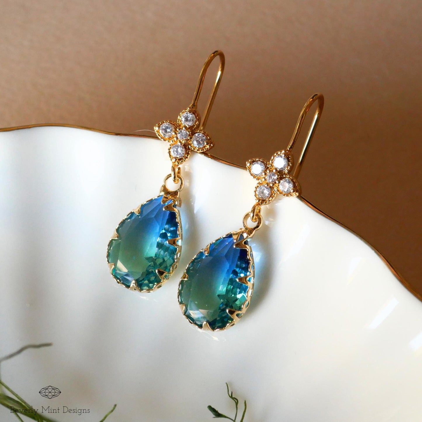 Blue and Green Teardrop Earrings, Blue Ombre Gemstone Drop Earrings, Elegant Teardrop Earrings, Handmade Gradient Crystal Drop Earrings