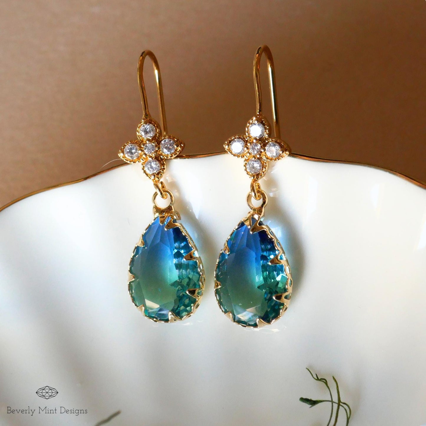 Blue and Green Teardrop Earrings, Blue Ombre Gemstone Drop Earrings, Elegant Teardrop Earrings, Handmade Gradient Crystal Drop Earrings