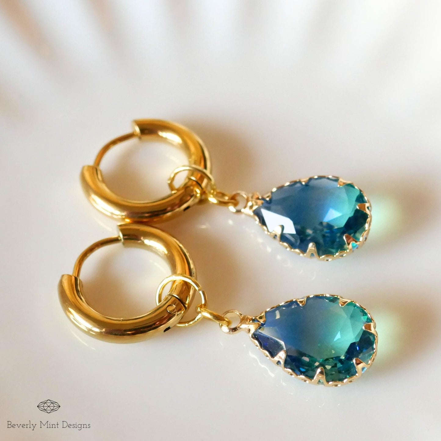 Gold Hoop Earrings with Blue Teardrop Crystal, Gold Huggie Hoop Dangle Earrings, Bridal Earrings, Elegant Earrings, Something Blue Earrings