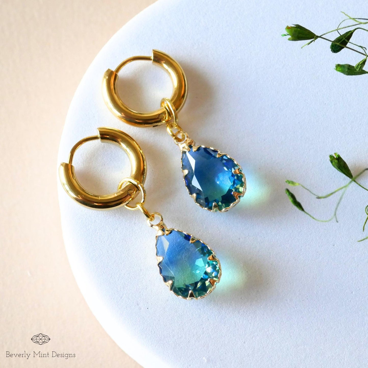 Gold Hoop Earrings with Blue Teardrop Crystal, Gold Huggie Hoop Dangle Earrings, Bridal Earrings, Elegant Earrings, Something Blue Earrings