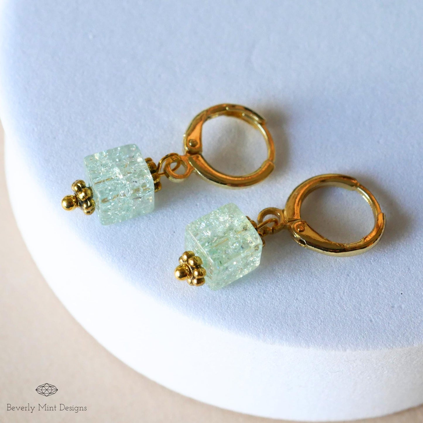 Gold Hoop Earrings, Light Green Glass Bead Earrings, Minimalist Green Dangle Earrings, Handmade Jewelry, Pastel jewelry, Gift for Her