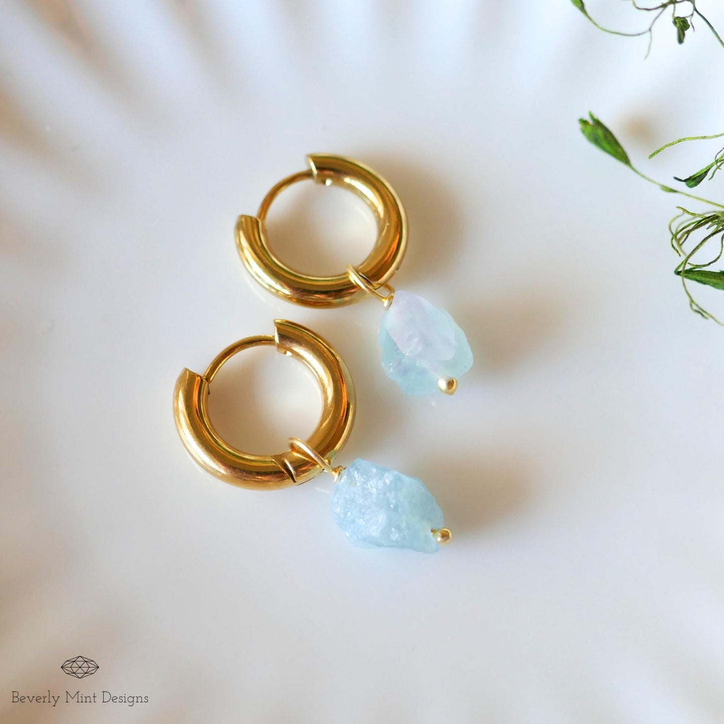 Raw Aquamarine Earrings, Green Raw Stone Earrings, 18K Gold Huggie Hoop Earrings with March Birthstone, Blue Earrings, Chakra Stone For Gift