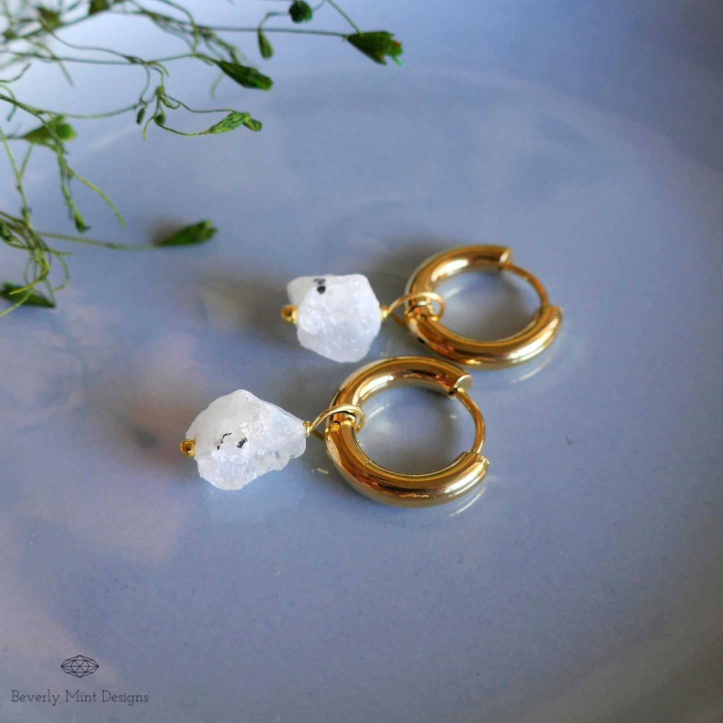 Raw Moonstone Earrings, White Raw Stone Earrings, 18K Gold Huggie Hoop Earrings with June Birthstone, White Earrings, Chakra Stone For Gift