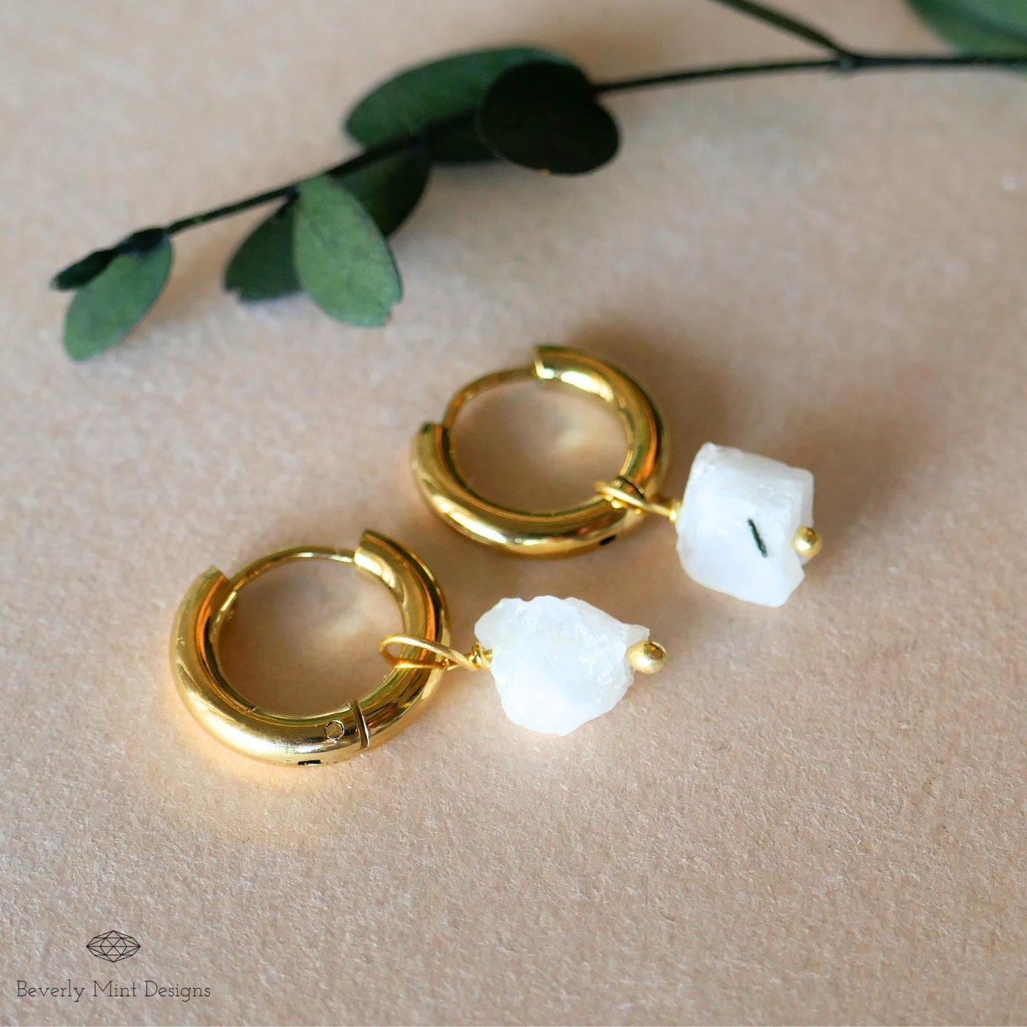 Raw Moonstone Earrings, White Raw Stone Earrings, 18K Gold Huggie Hoop Earrings with June Birthstone, White Earrings, Chakra Stone For Gift