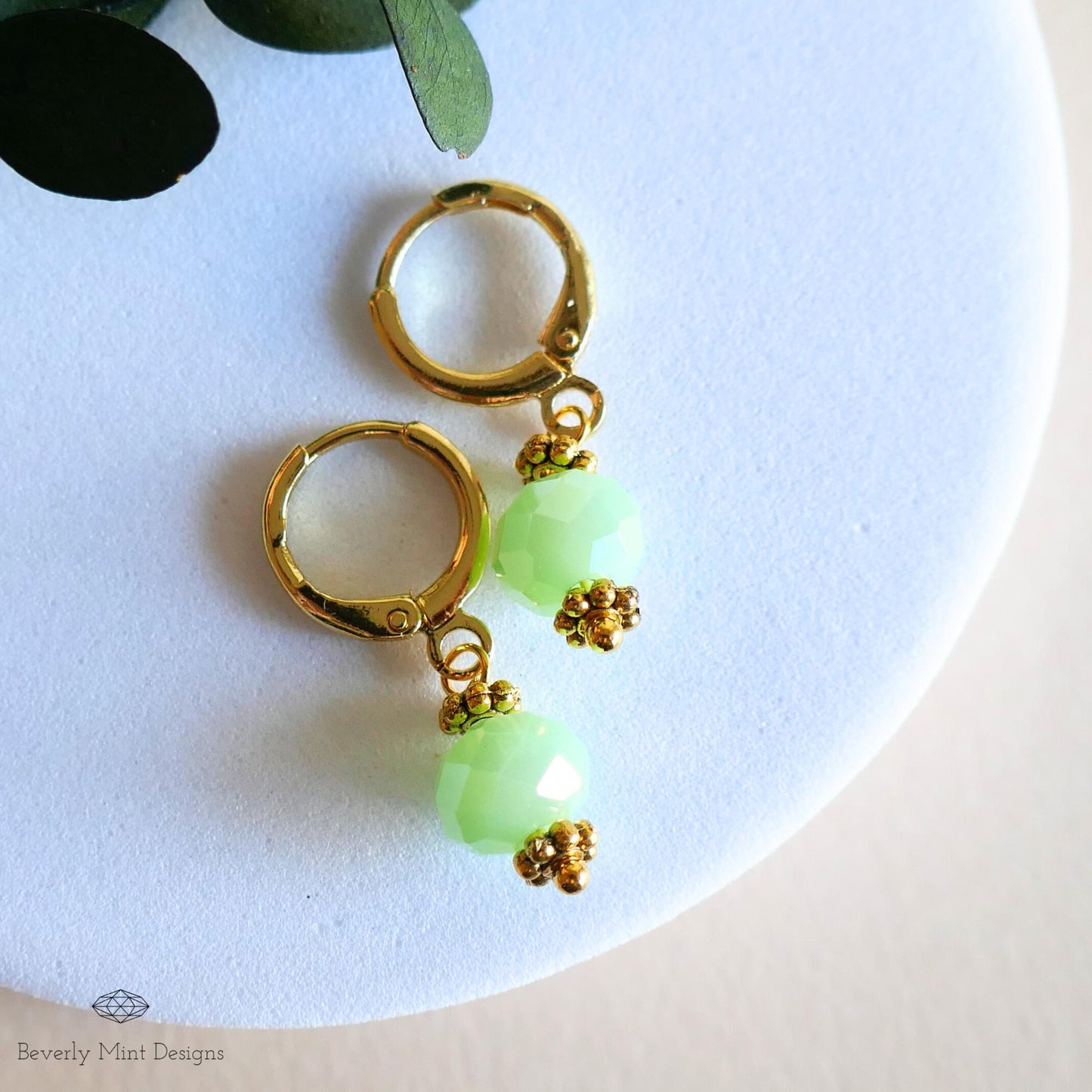 Mint Green Drop Earrings, Gold Plated Huggie Hoops, Dainty Green Earrings, Pastel Bead Earrings, Spring Jewelry, Gift for Her