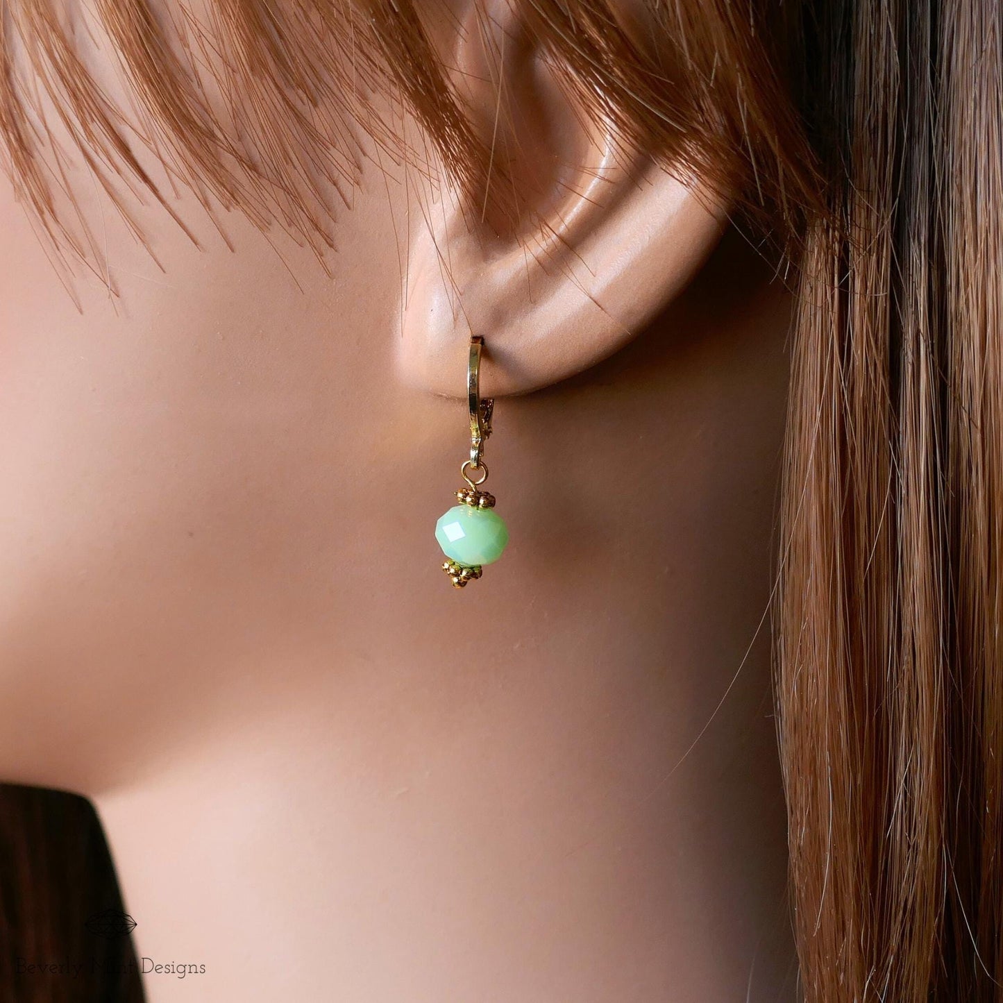 Mint Green Drop Earrings, Gold Plated Huggie Hoops, Dainty Green Earrings, Pastel Bead Earrings, Spring Jewelry, Gift for Her